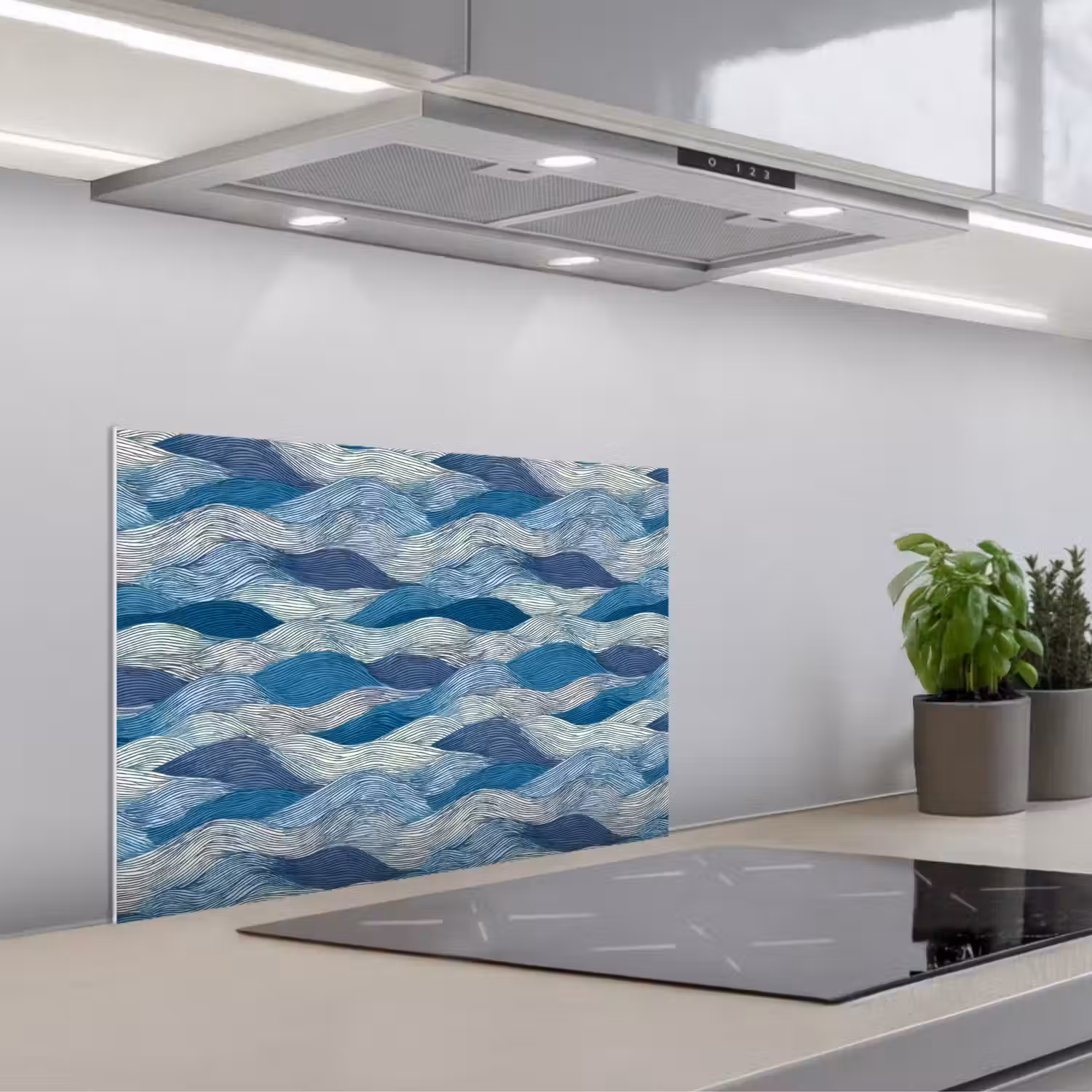 Getekend - Blauw - Wit - Golvend - Streepjes keuken achterwand spatscherm klein 900 -3d_schuin