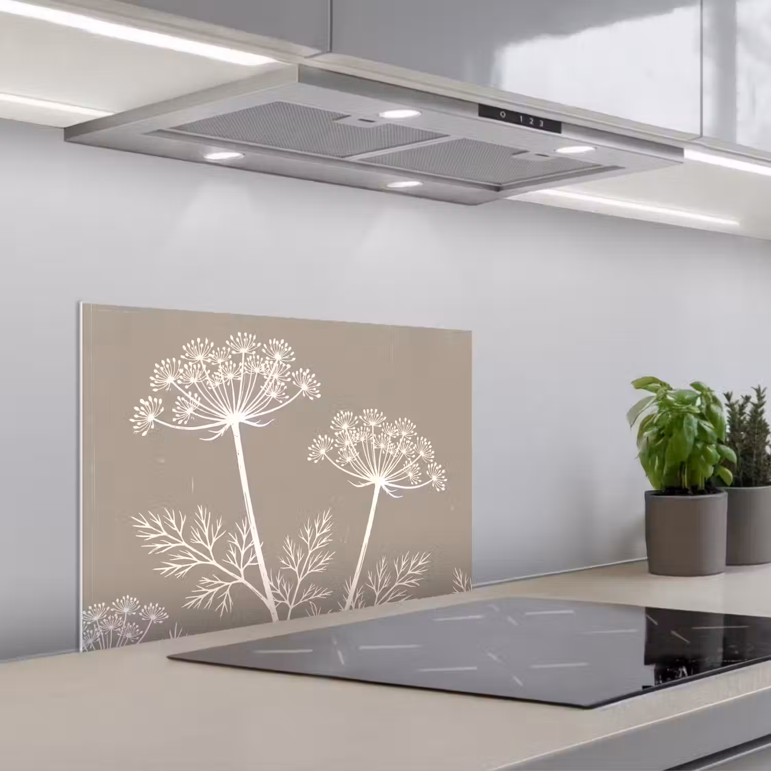 Grafisch - Fluitenkruid - Taupe keuken achterwand spatscherm klein -3d_schuin
