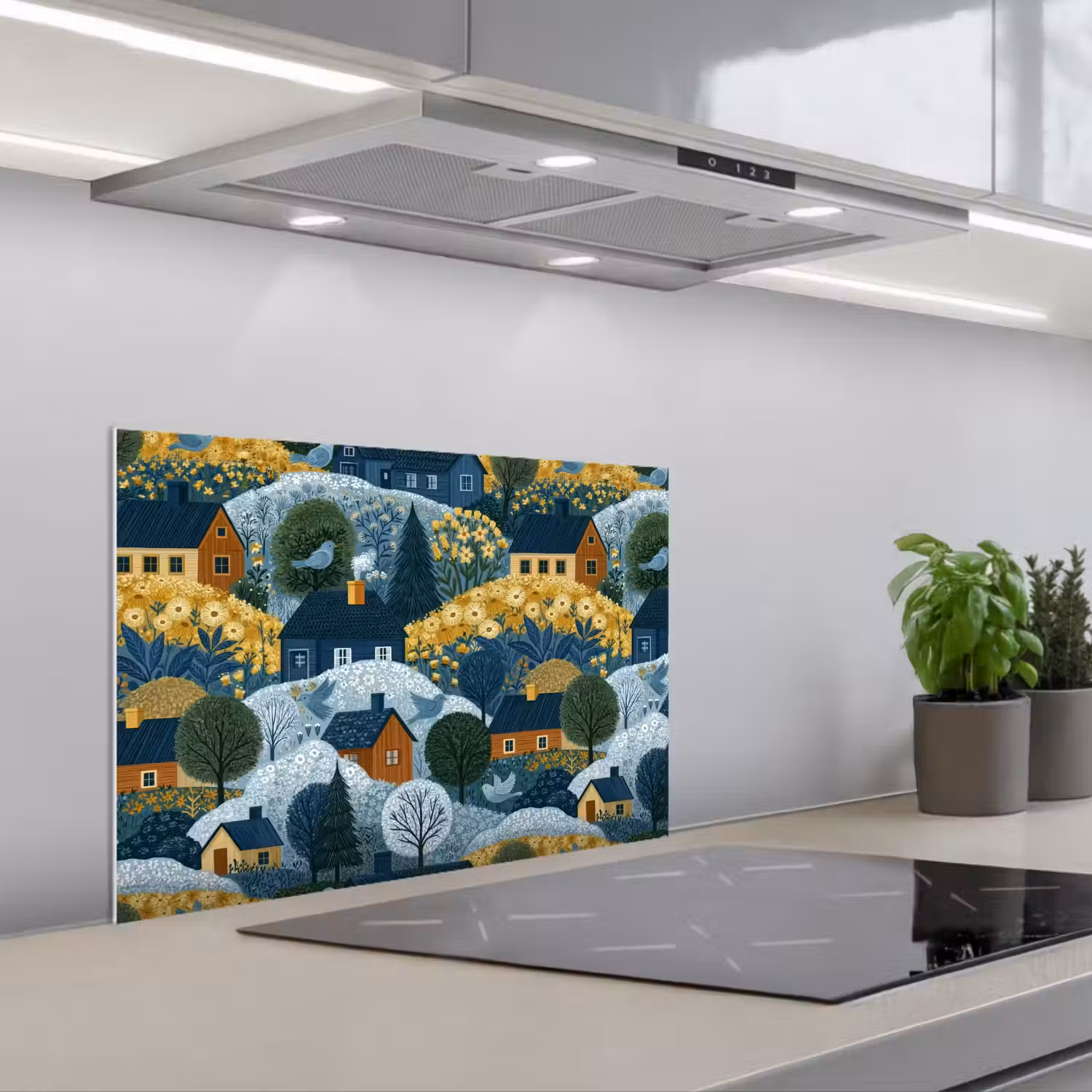 Huisjes - Bloemen - Patroon - Geel - Blauw keuken achterwand spatscherm klein 900 -3d_schuin