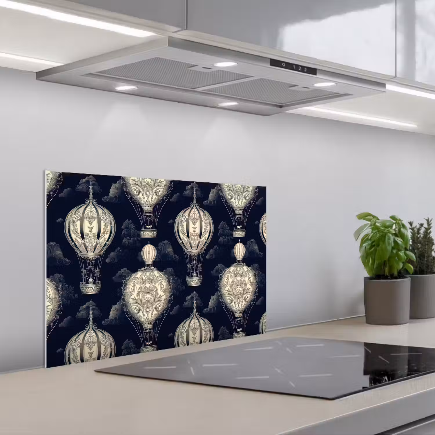 Luchtballonnen - Wolken - Patroon - Donkerblauw keuken achterwand spatscherm klein 900 -3d_schuin