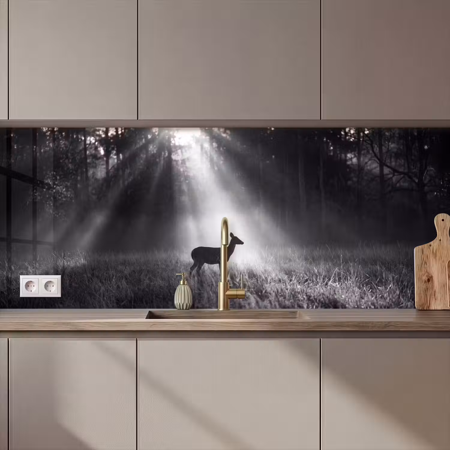 Hert - Bos - Zonnestralen - Zwart-wit - Natuur keuken achterwand 2 middel zz_3dshopping