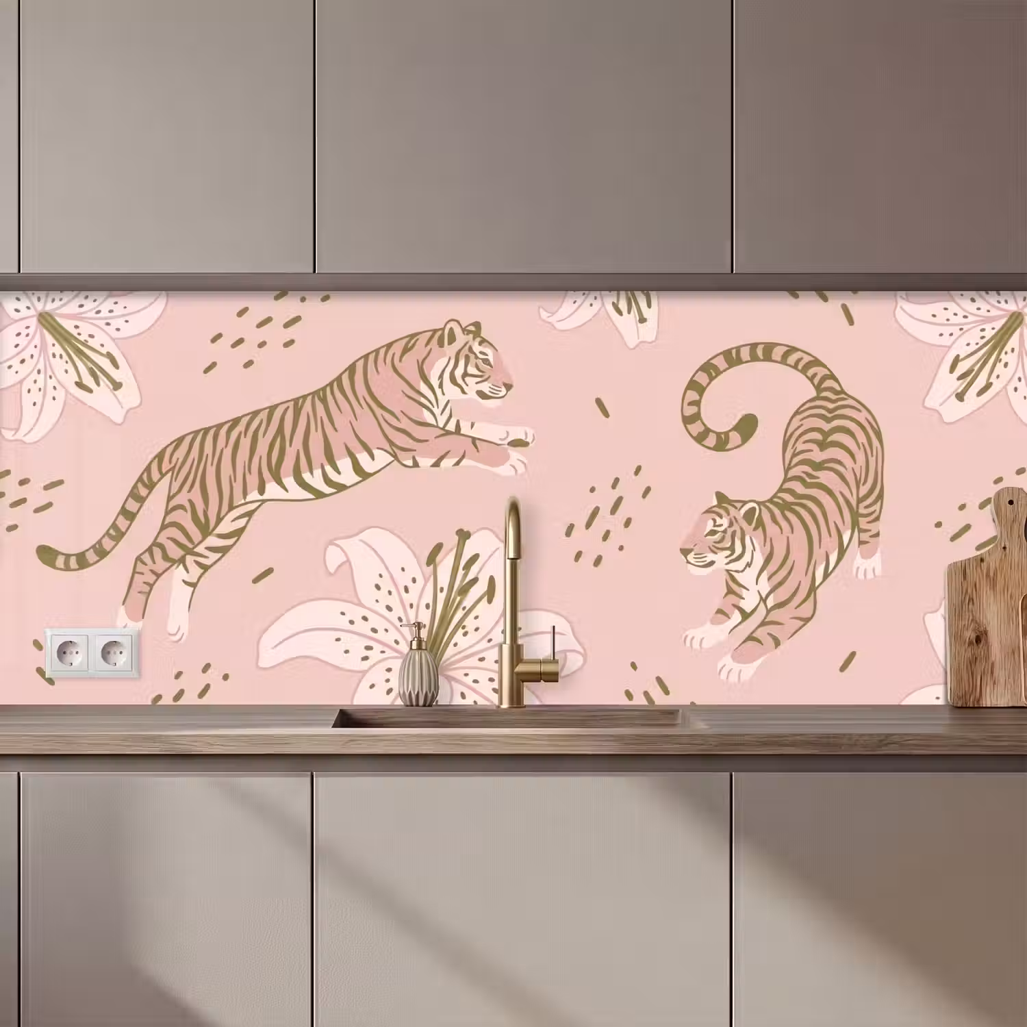 Kat - Springend - Bloemen - Abstract - Roze keuken achterwand 2 middel zz_3dshopping