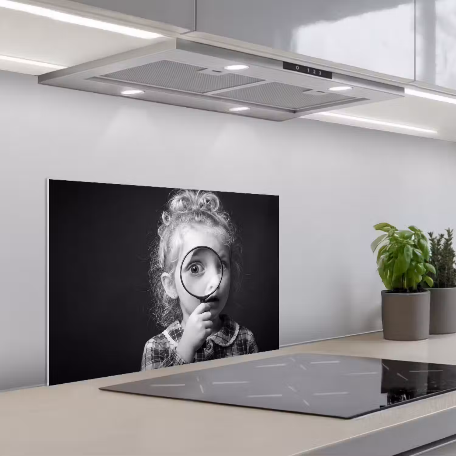 Kind - Vergrootglas - Portret - Zwart-wit keuken achterwand spatscherm klein -3d_schuin