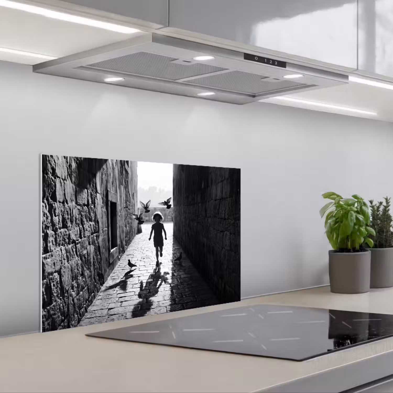 Kind - Vogel - Straat - Zwart-wit - Spelen keuken achterwand spatscherm klein -3d_schuin