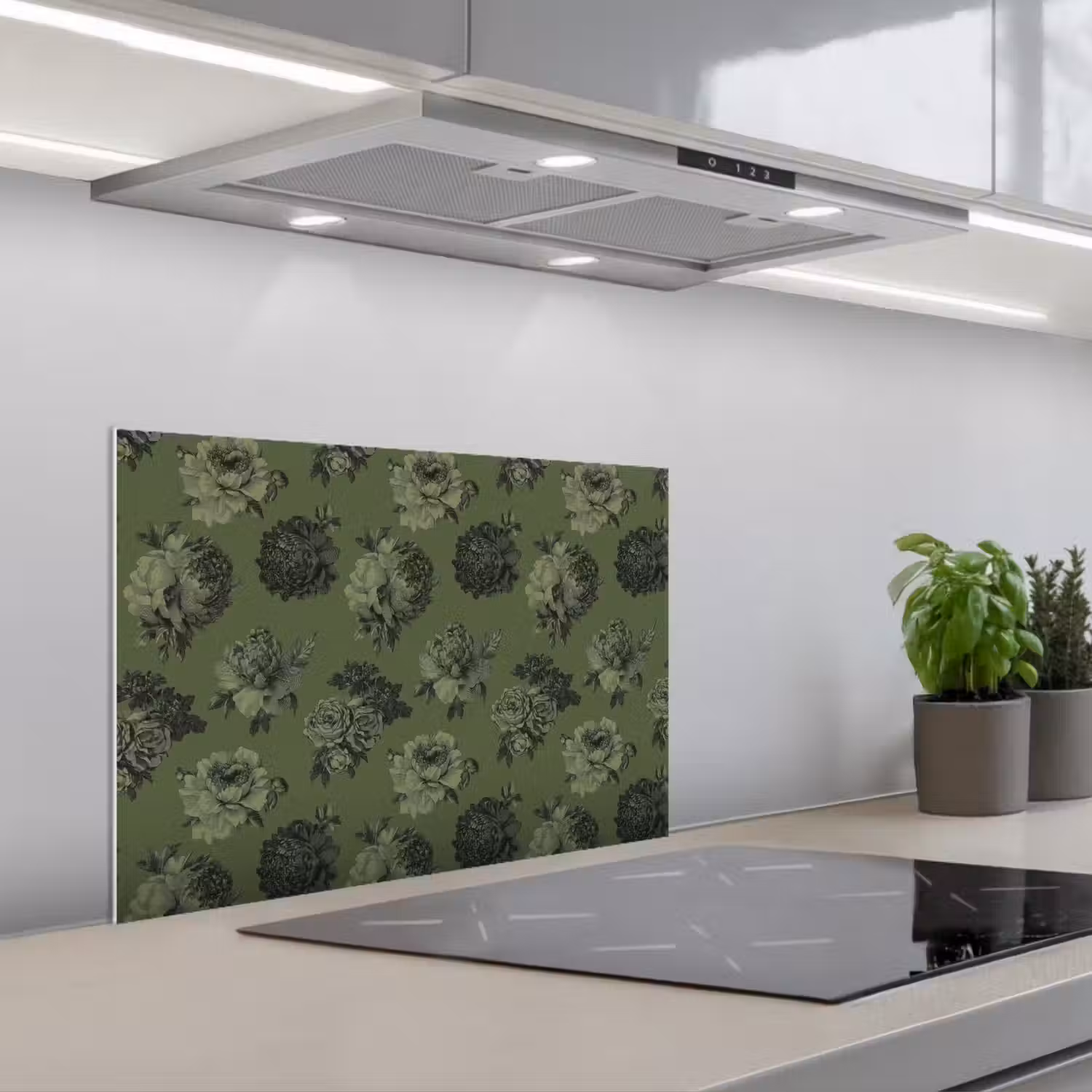 Klassiek - botanisch - olijfgroen - bloemen keuken achterwand spatscherm klein 900 -3d_schuin