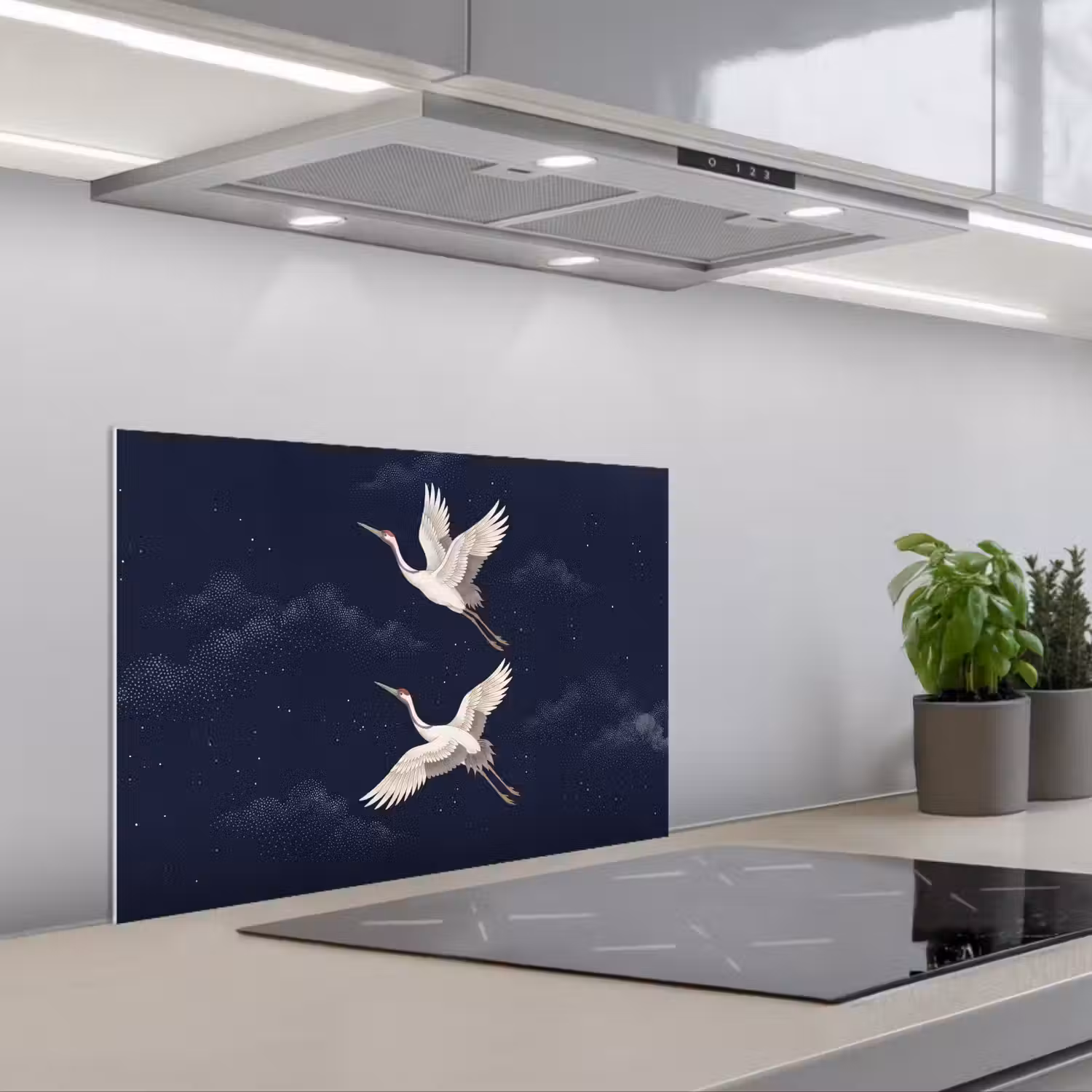 Kraanvogels - Nachthemel - Blauw keuken achterwand spatscherm klein -3d_schuin