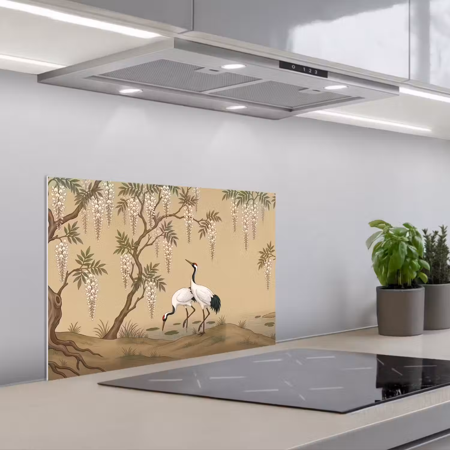 Kraanvogels - Water - Beige keuken achterwand spatscherm klein -3d_schuin