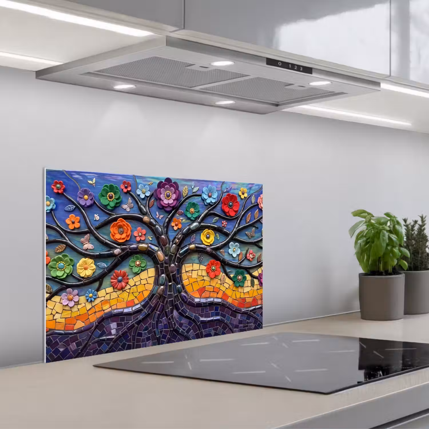 Levensboom - Mozaïek - Bloemen - Kleurrijk - Vrolijk keuken achterwand spatscherm klein -3d_schuin