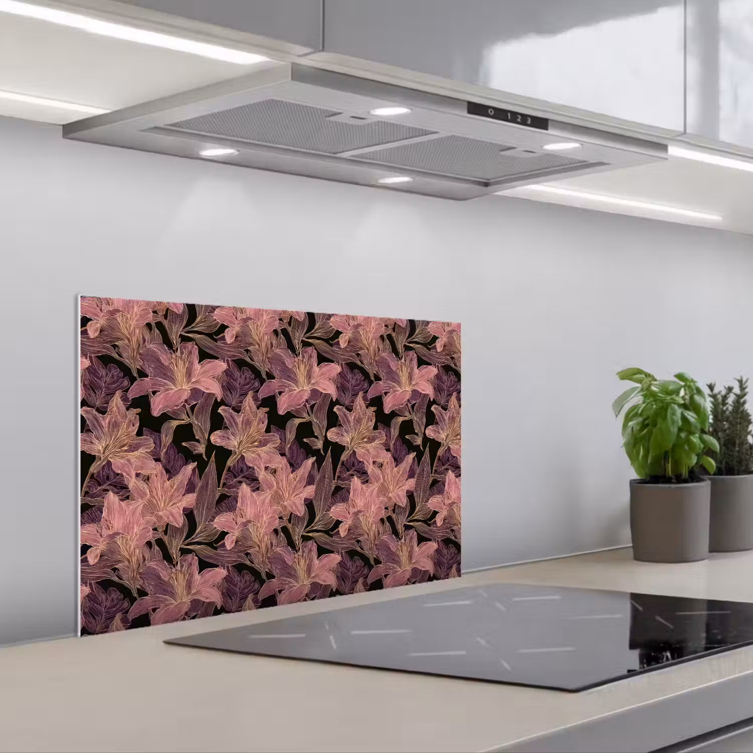 Lelies - Patroon - Paars - Goud keuken achterwand spatscherm klein 900 -3d_schuin