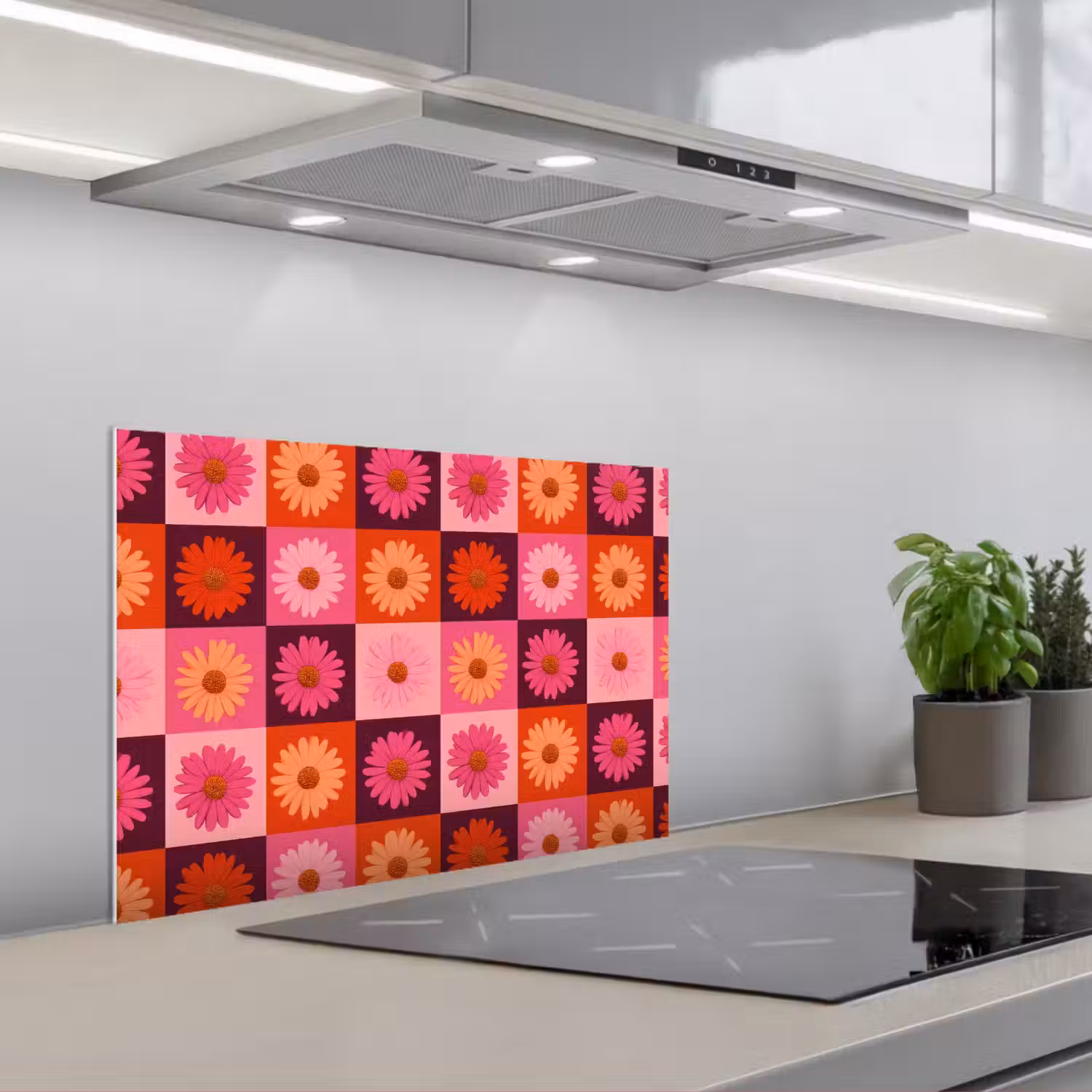 Madeliefjes - Dambord - Retro - Roze - Oranje keuken achterwand spatscherm klein 900 -3d_schuin