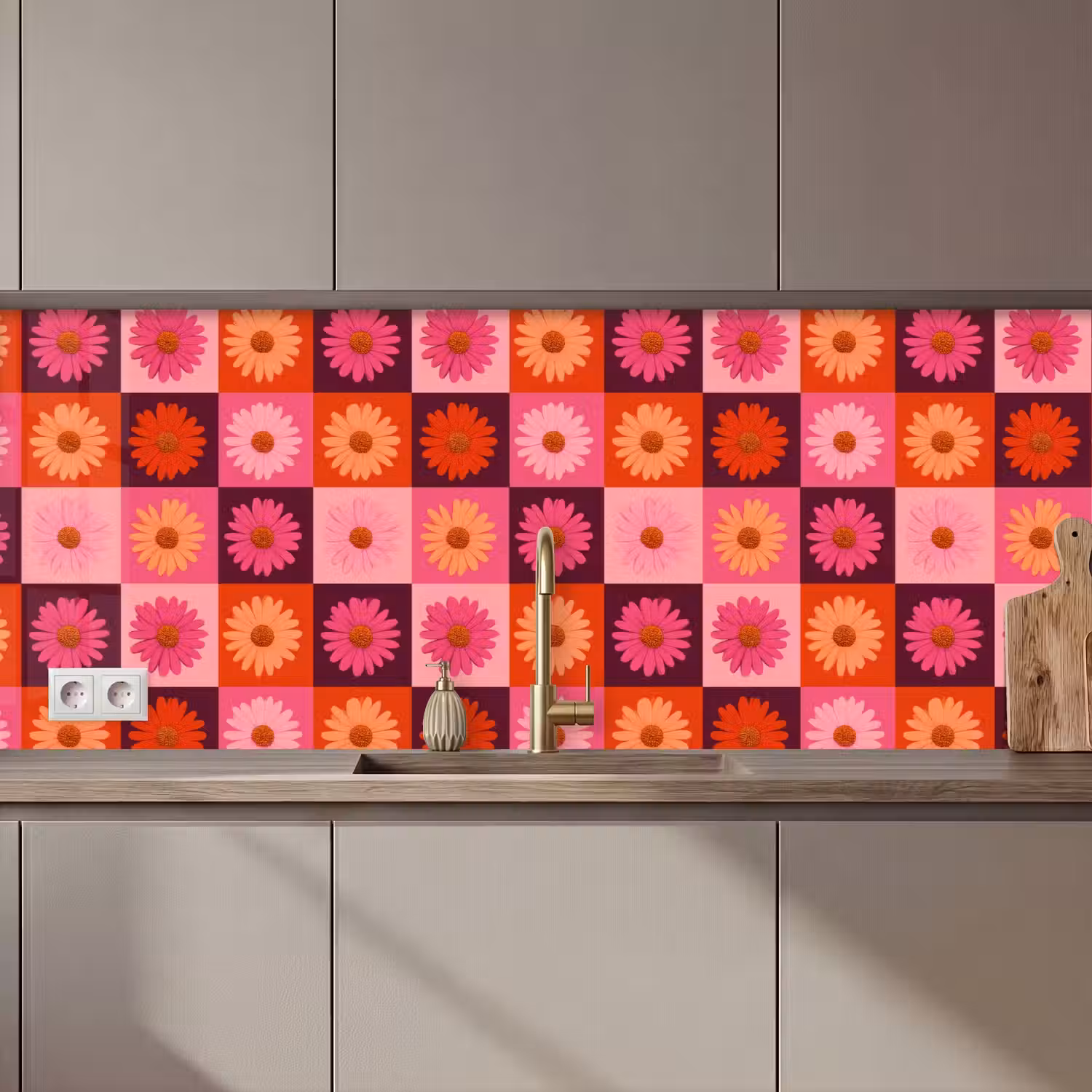 Madeliefjes - Dambord - Retro - Roze - Oranje keuken achterwand 2 middel 871 zz_3dshopping