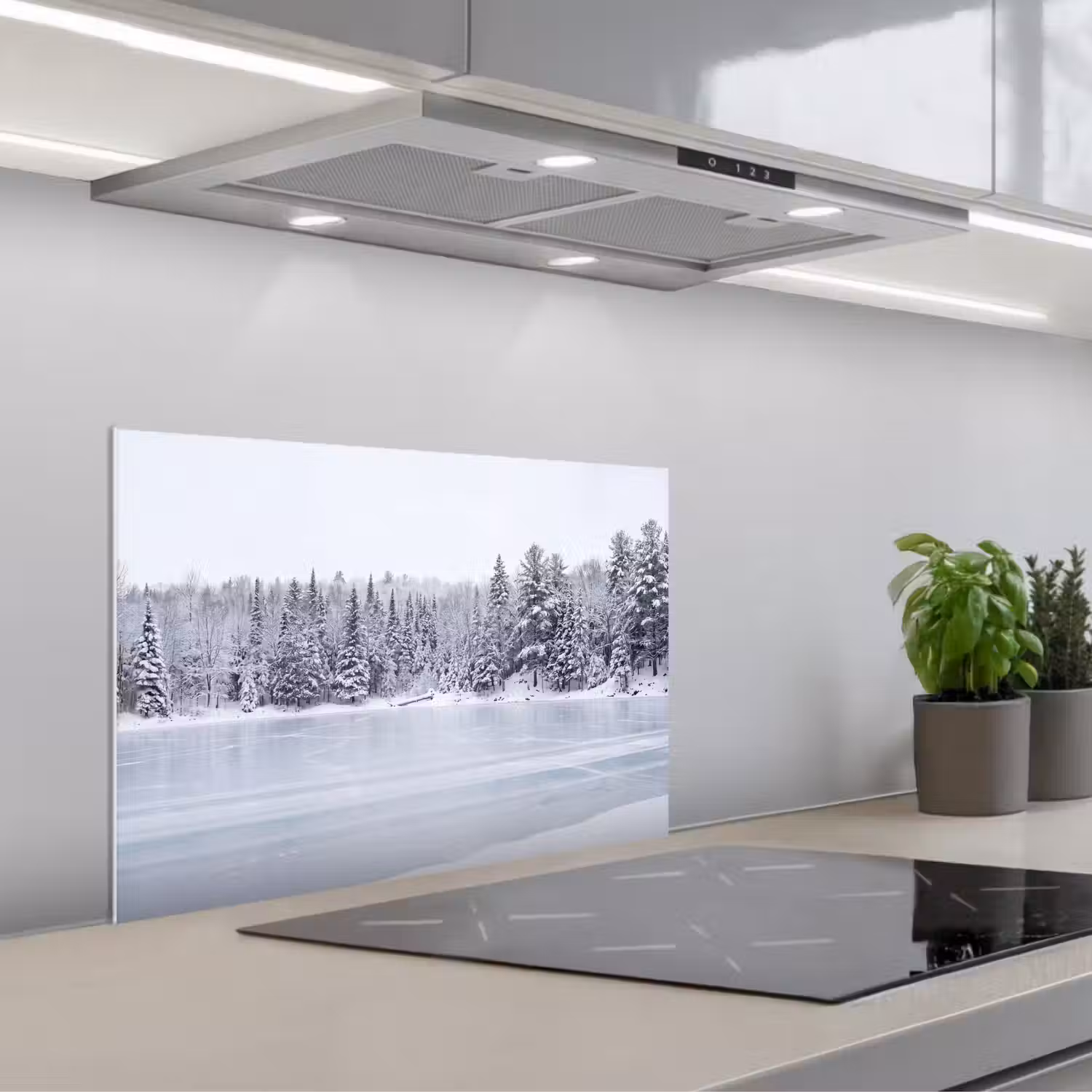 Meer - Dennen - IJs - Winter - Rustgevend keuken achterwand spatscherm klein -3d_schuin