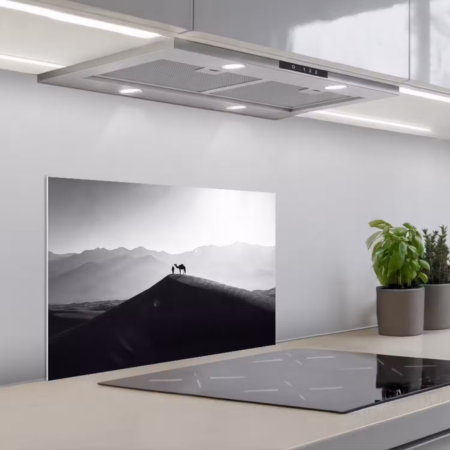 Mens - Kameel - Zandduin - Natuur - Monochroom keuken achterwand spatscherm klein -3d_schuin