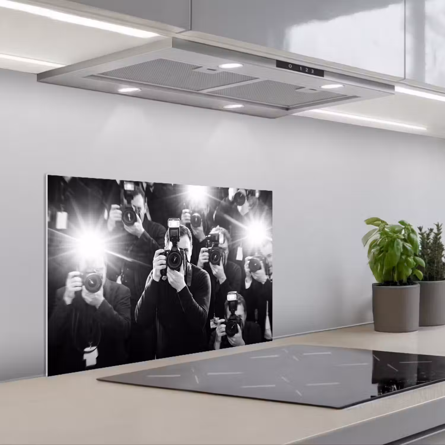 Mensen - Camera - Flitslicht - Zwart-wit - Media keuken achterwand spatscherm klein -3d_schuin