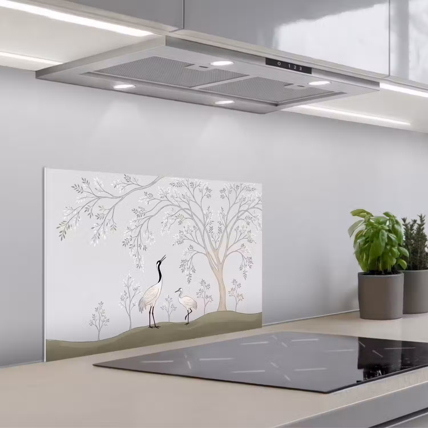 Minimalistisch - Kraanvogels - Blauw keuken achterwand spatscherm klein -3d_schuin