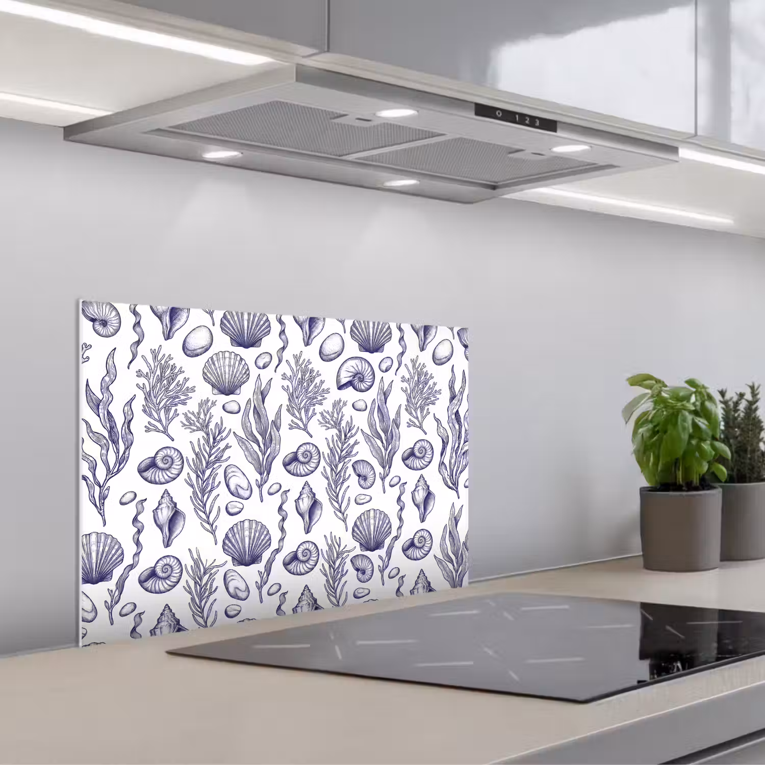 Schelpen - Zeewier - Oceaan - Illustratie - Blauw keuken achterwand spatscherm klein -3d_schuin