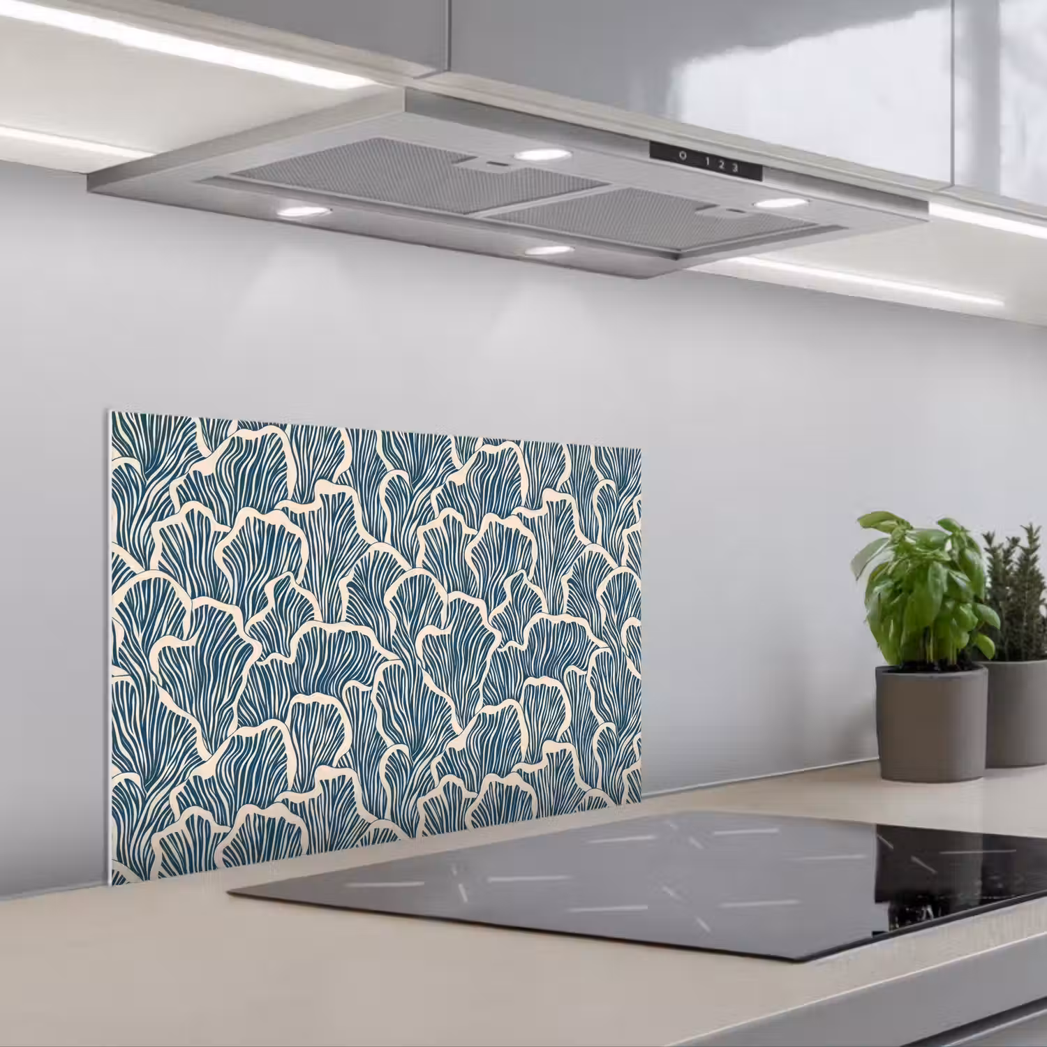 Organisch - Blauw - Crème - Schelpen keuken achterwand spatscherm klein 900 -3d_schuin
