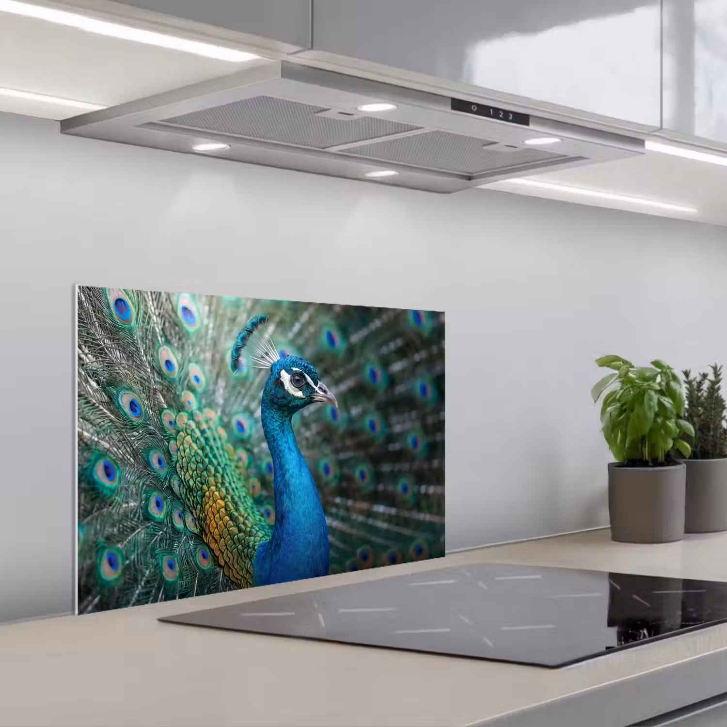 Pauw - Veren - Blauw keuken achterwand spatscherm klein -3d_schuin
