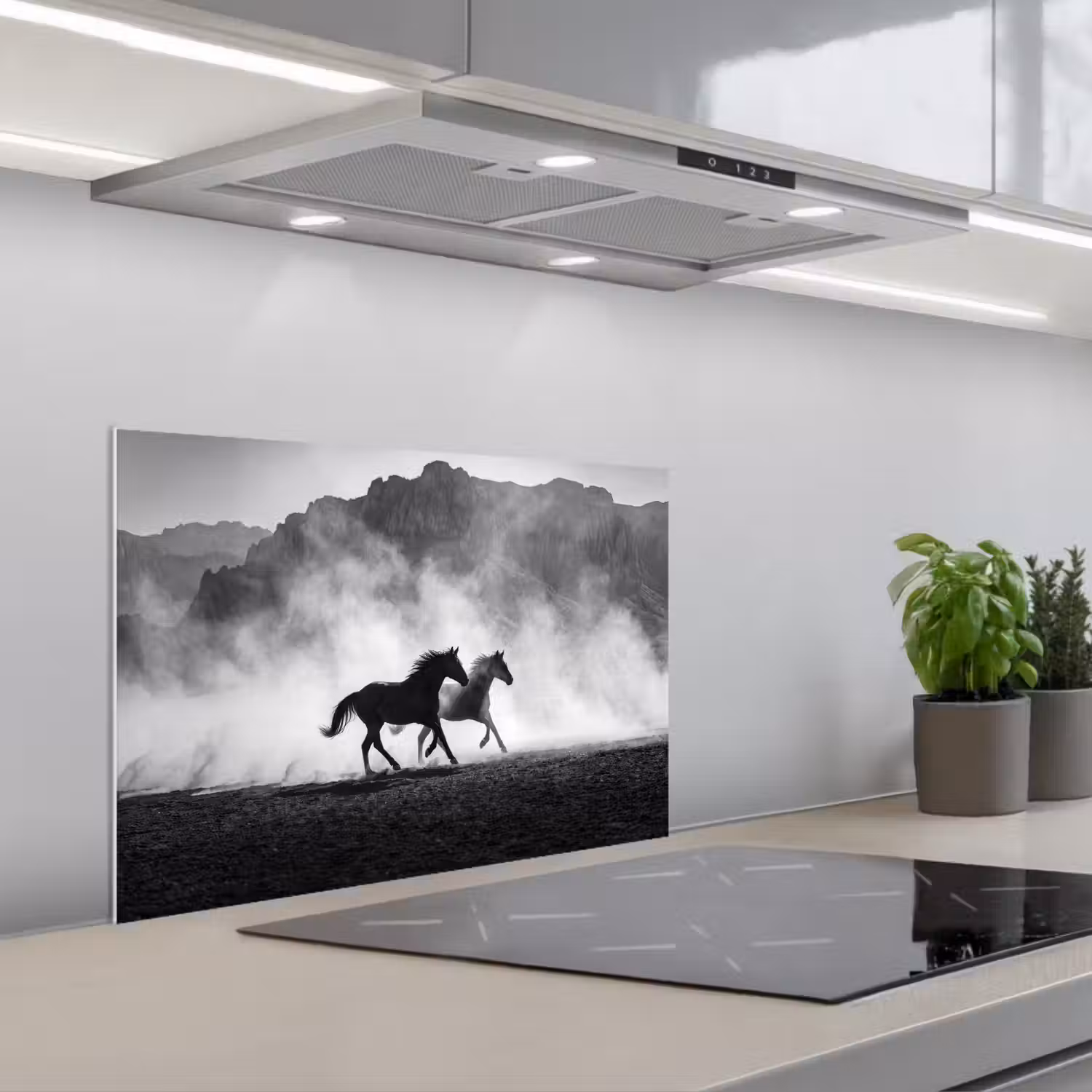 Paard - Ren - Stof - Zwart-wit - Dieren keuken achterwand spatscherm klein -3d_schuin