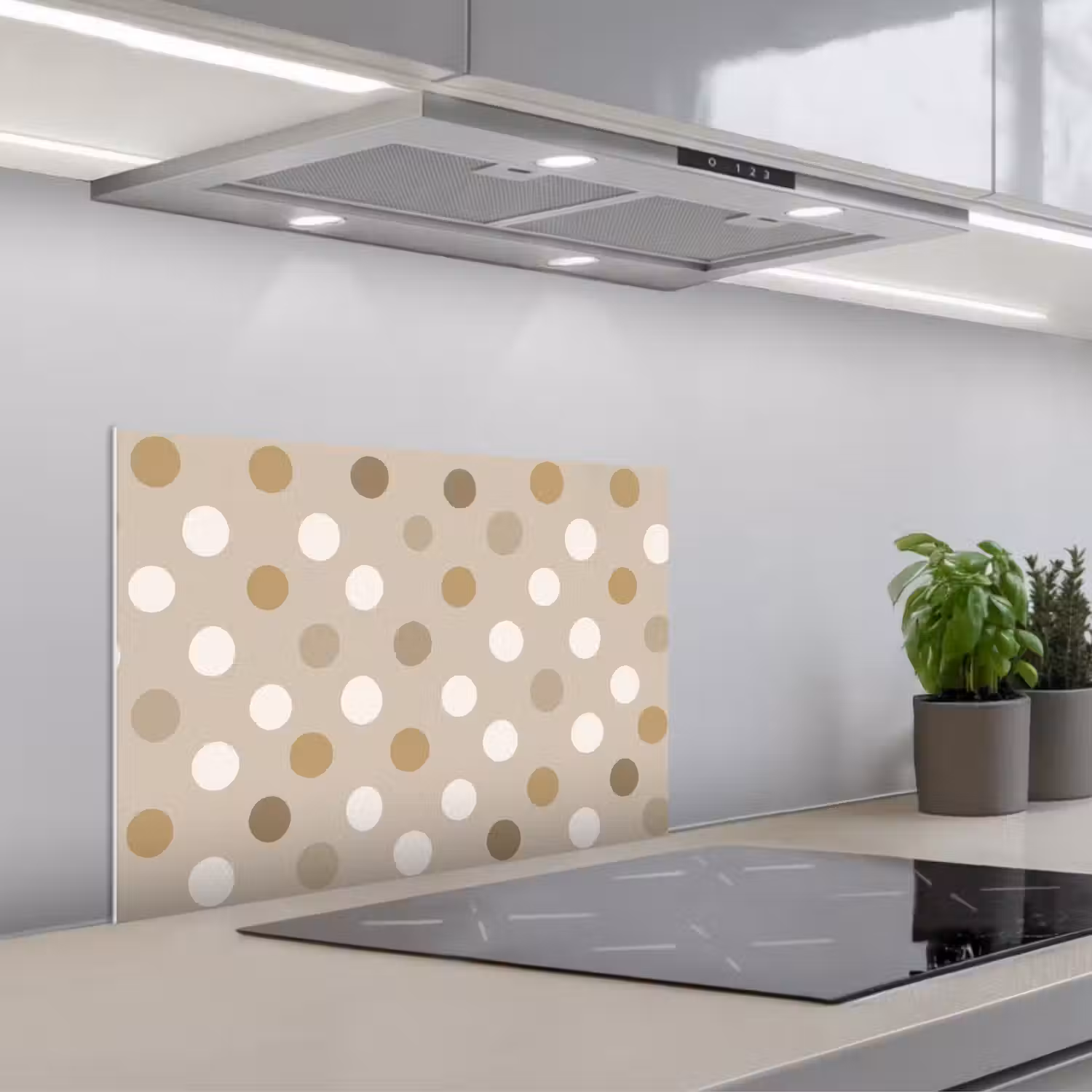 Polka - Dots - Beige keuken achterwand spatscherm klein 900 -3d_schuin
