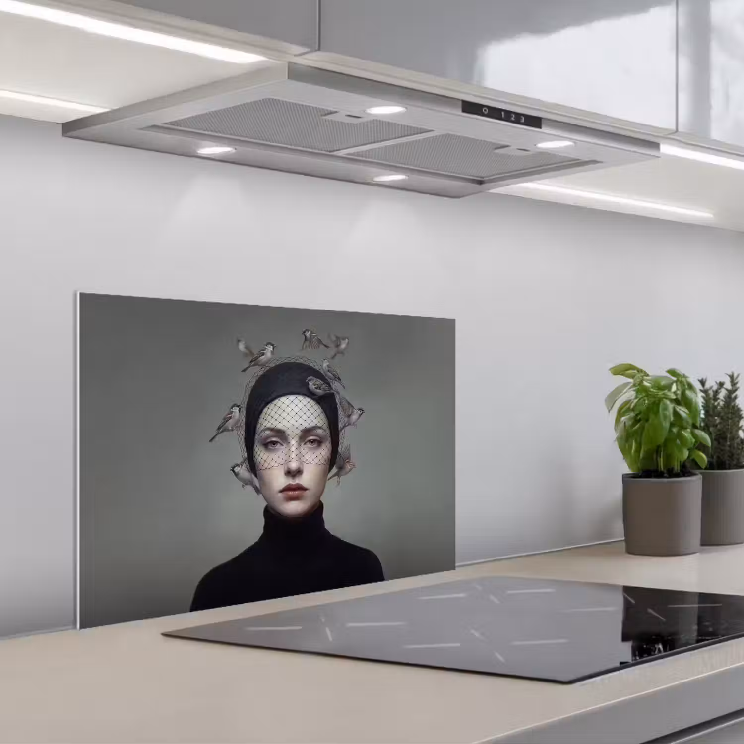 Portret - Vogels - Zwart keuken achterwand spatscherm klein -3d_schuin