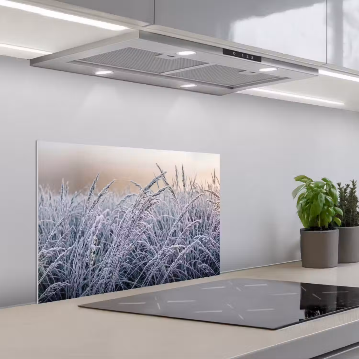 Rijp - Gras - Kristallen - Winter - Minimalistisch keuken achterwand spatscherm klein -3d_schuin