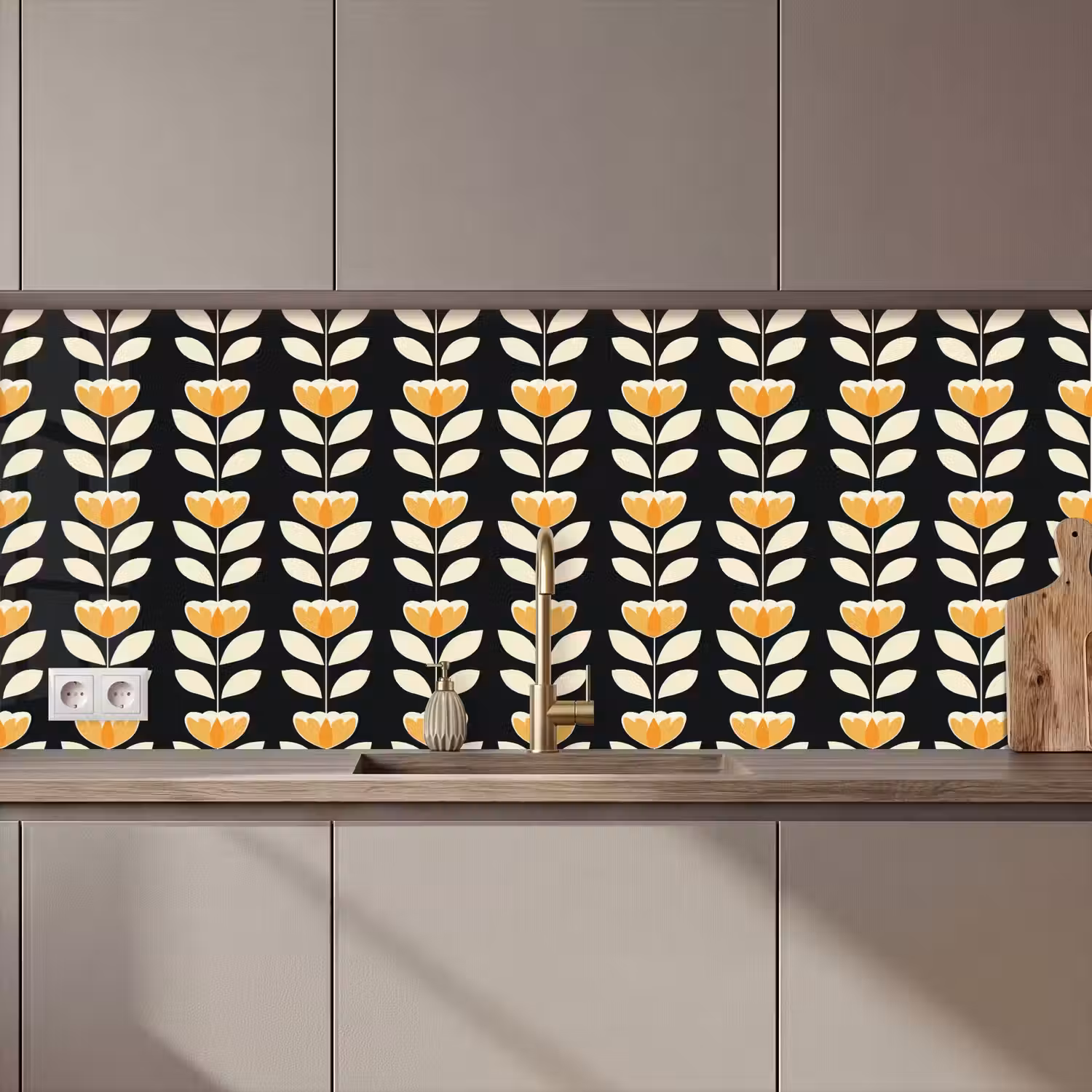 Retro - Bloem - Zwart - Okergeel keuken achterwand 2 middel 871 zz_3dshopping