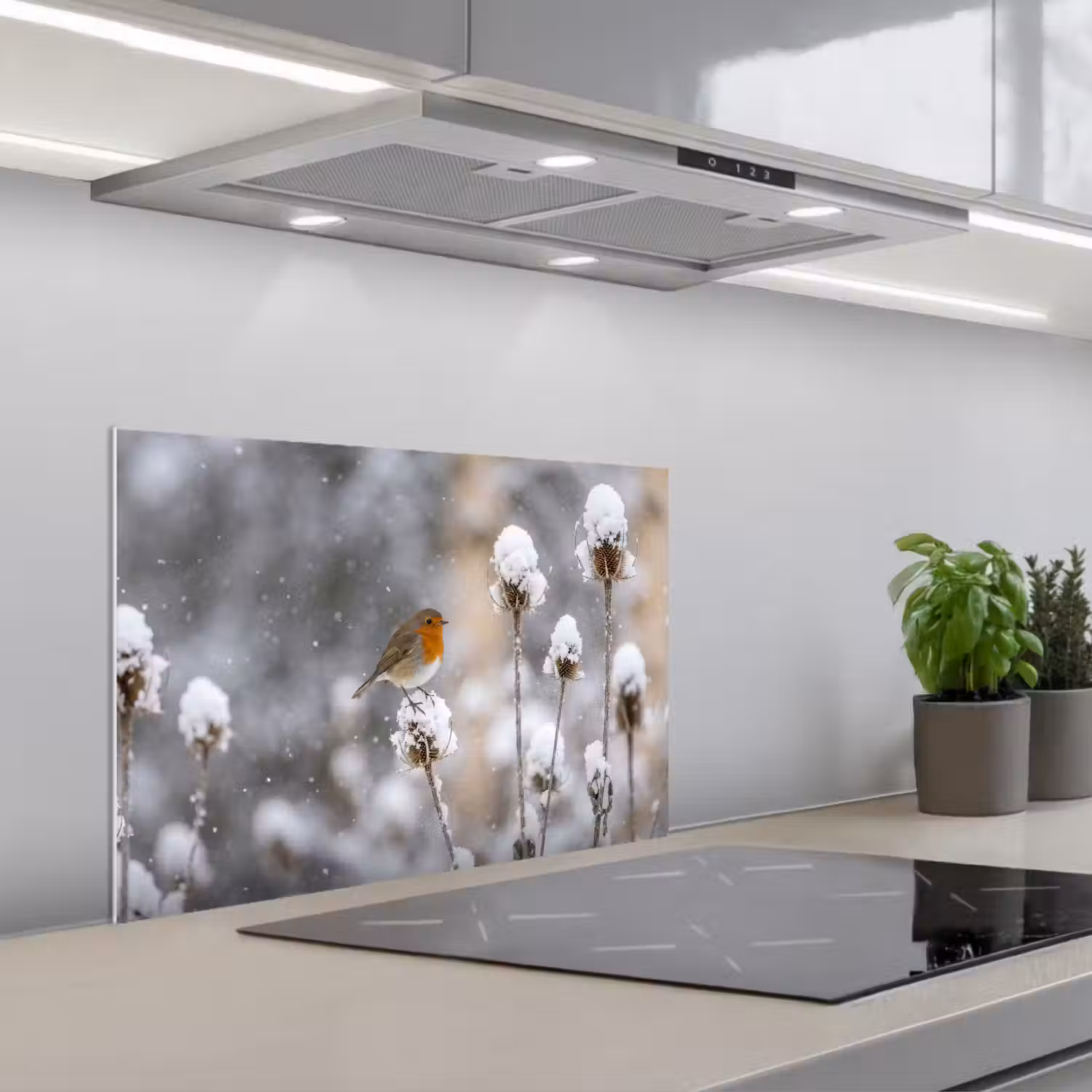 Roodborstje - Gedroogde bloem - Sneeuw - Winter - Vertederend keuken achterwand spatscherm klein -3d_schuin