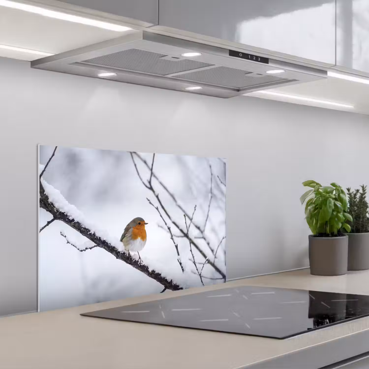 Roodborstje - Tak - Sneeuw - Winter - Levendig keuken achterwand spatscherm klein -3d_schuin