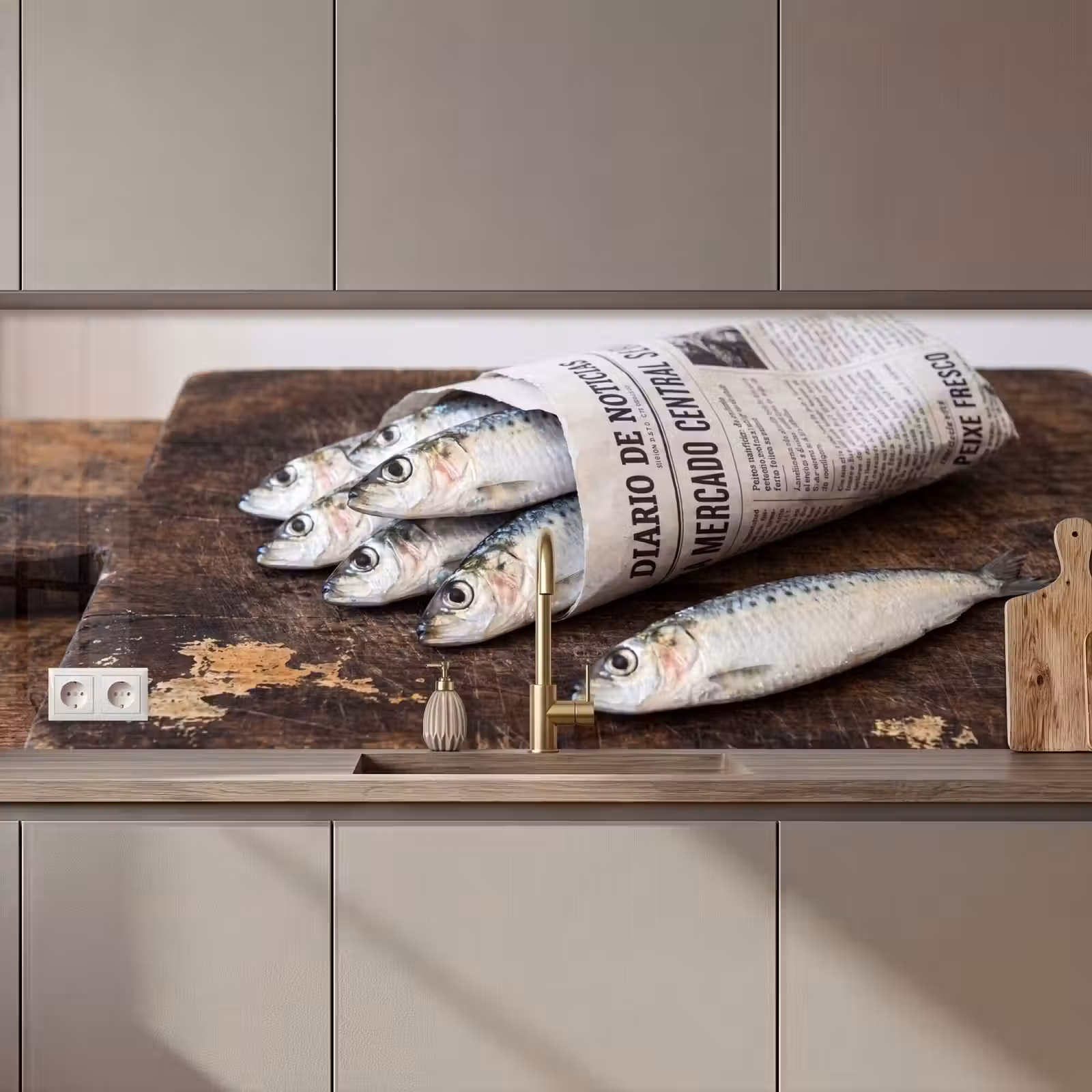 Küchenrückwand - Sardine – Zeitung – Schneidebrett - Sardientje - krant - snijplank keuken achterwand 2 middel zz_3dshopping