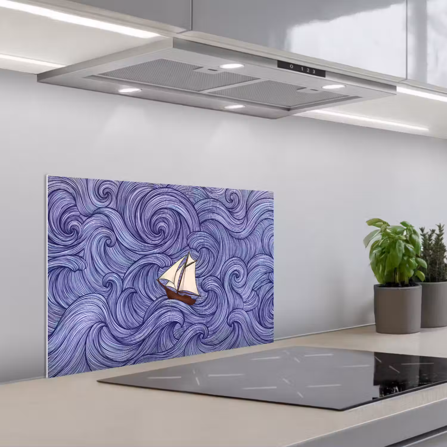 Schip - Golven - Zee - Illustratie - Blauw keuken achterwand spatscherm klein -3d_schuin