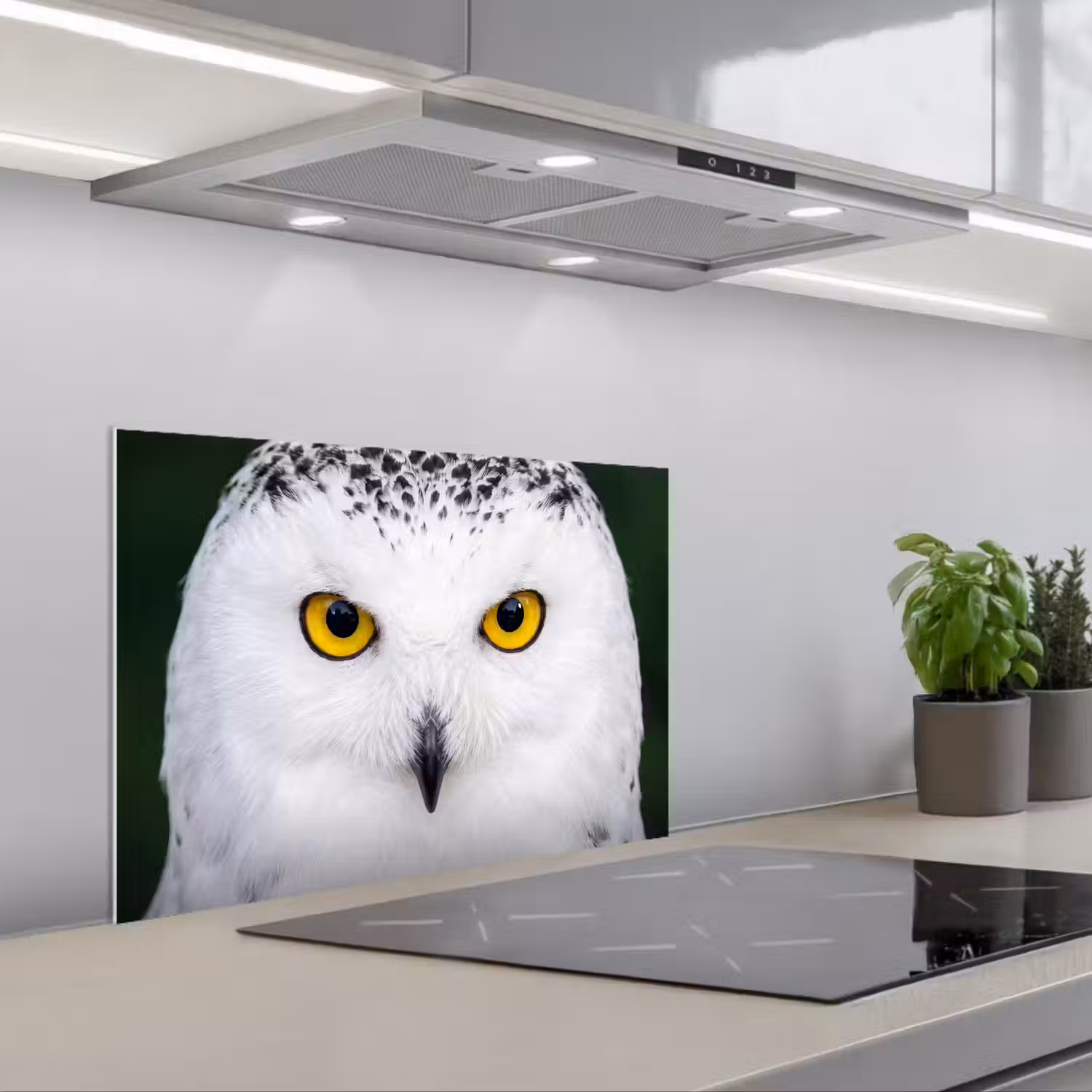 Sneeuwuil - Portret - Geel keuken achterwand spatscherm klein -3d_schuin