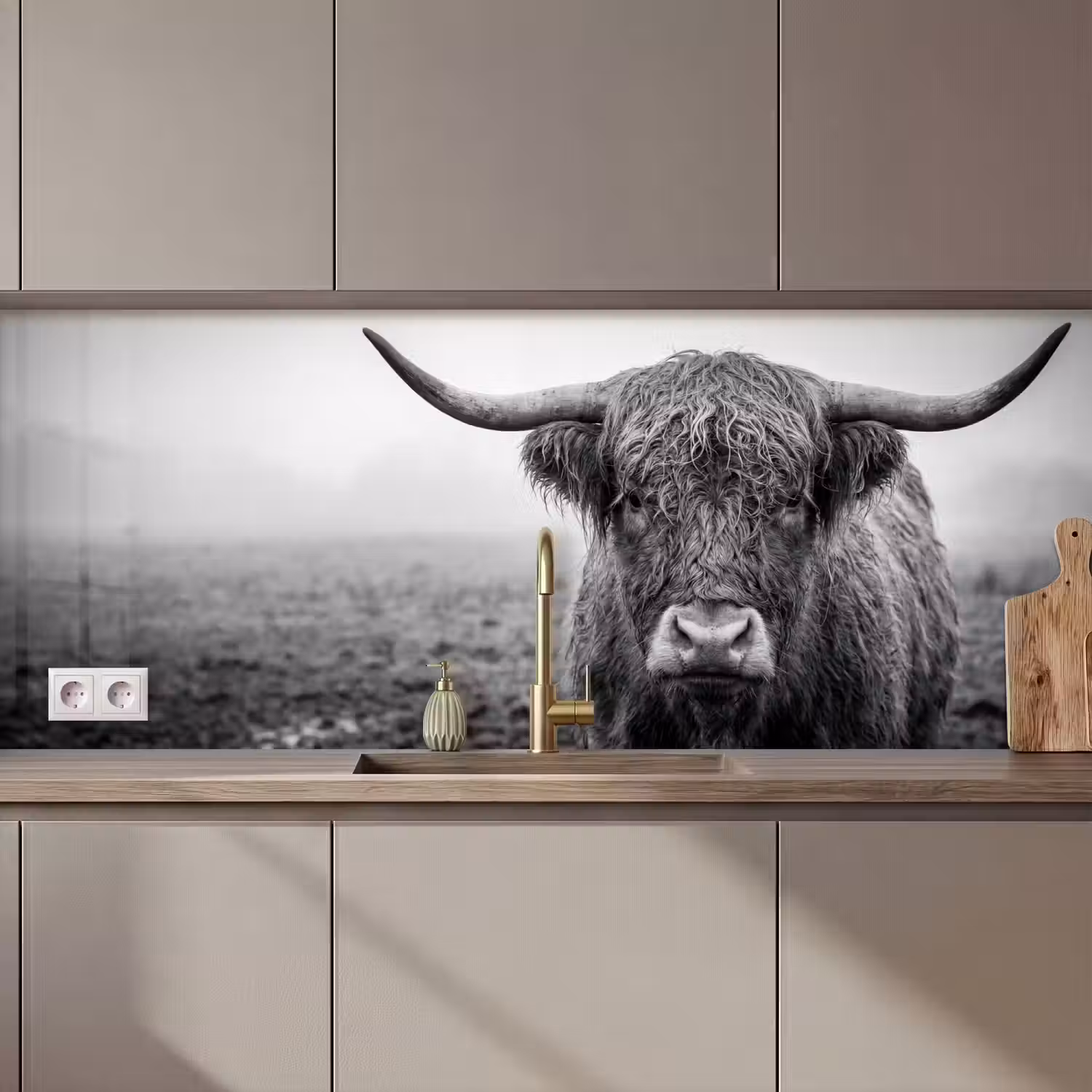 Schotse hooglander - Zwart - Wit - Gras keuken achterwand 2 middel zz_3dshopping