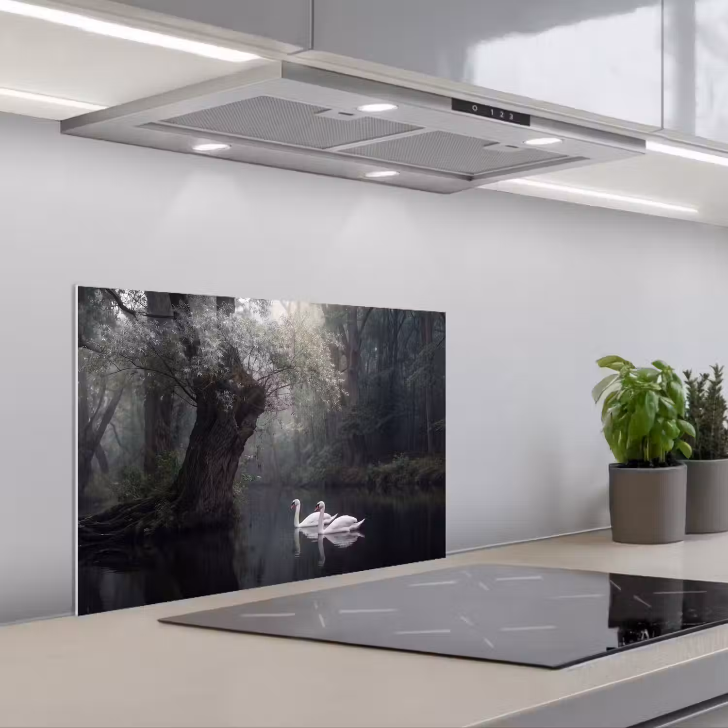 Zwanen - Rivier - Bos keuken achterwand spatscherm klein -3d_schuin