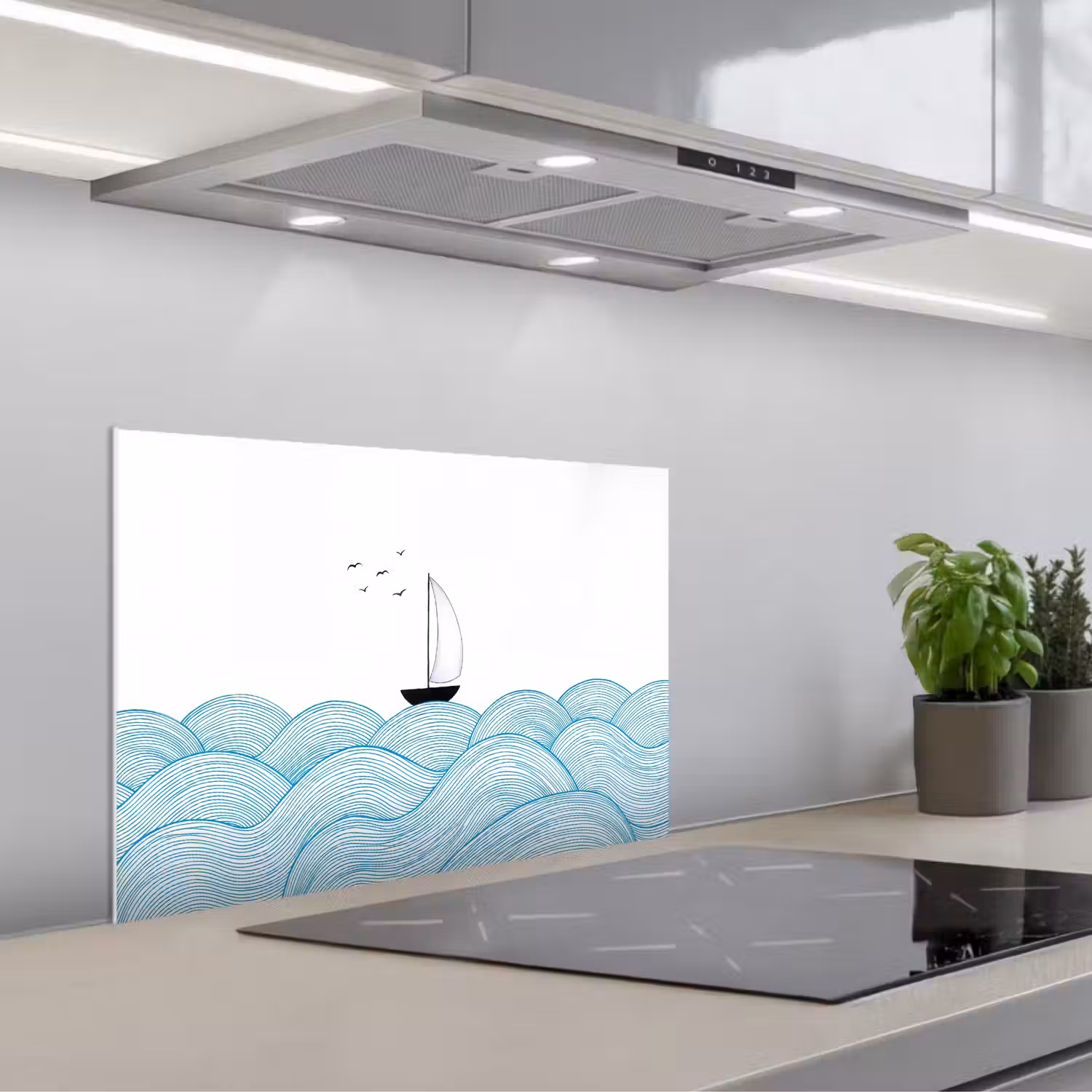 Zeilboot - Golven - Zee - Illustratie - Blauw keuken achterwand spatscherm klein -3d_schuin