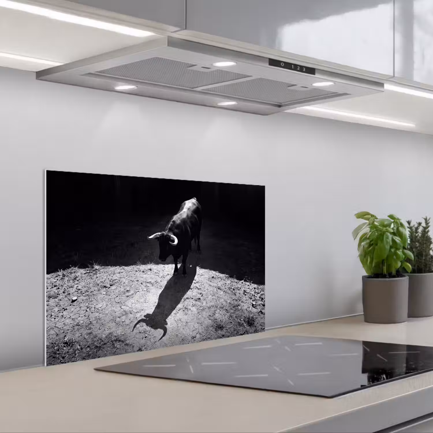 Stier - Schaduw - Dieren - Contrast - Zwart-wit keuken achterwand spatscherm klein -3d_schuin