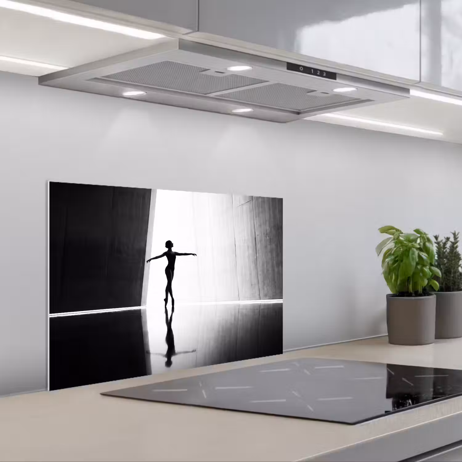 Danser - Silhouette - Kunst - Modern - Zwart-wit keuken achterwand spatscherm klein -3d_schuin