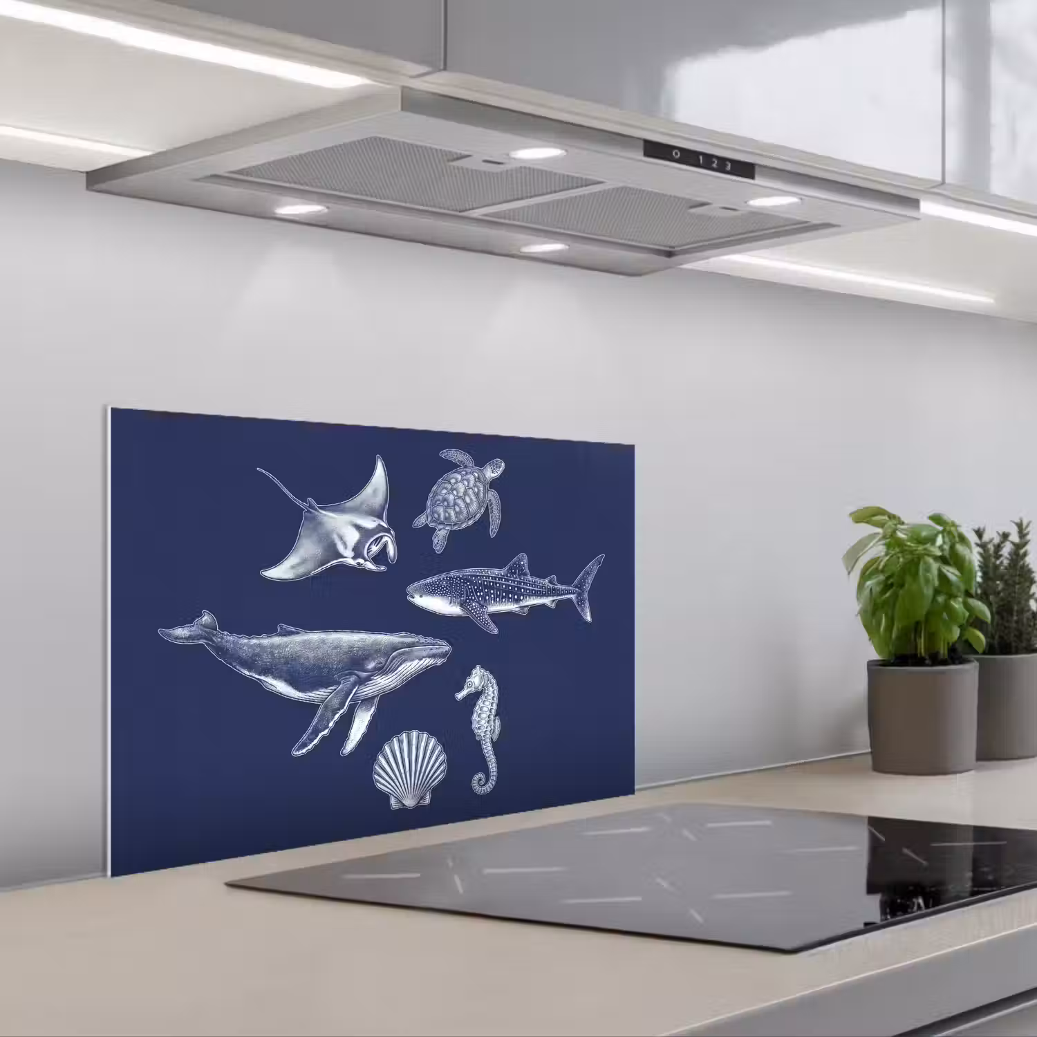 Dieren - Zeeleven - Oceaan - Graveren - Blauw keuken achterwand spatscherm klein -3d_schuin