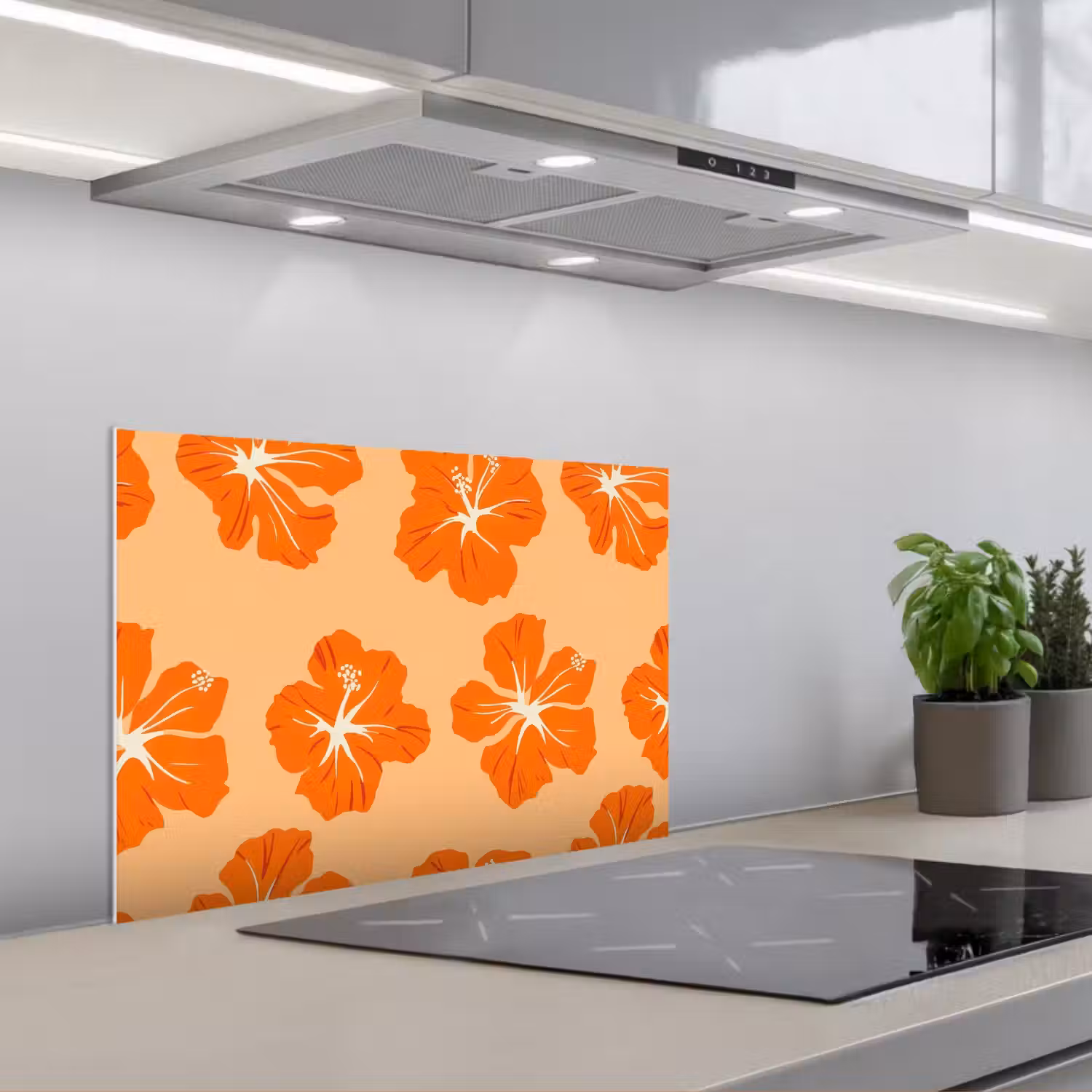 Tropisch - Hibiscus - Oranje keuken achterwand spatscherm klein 900 -3d_schuin