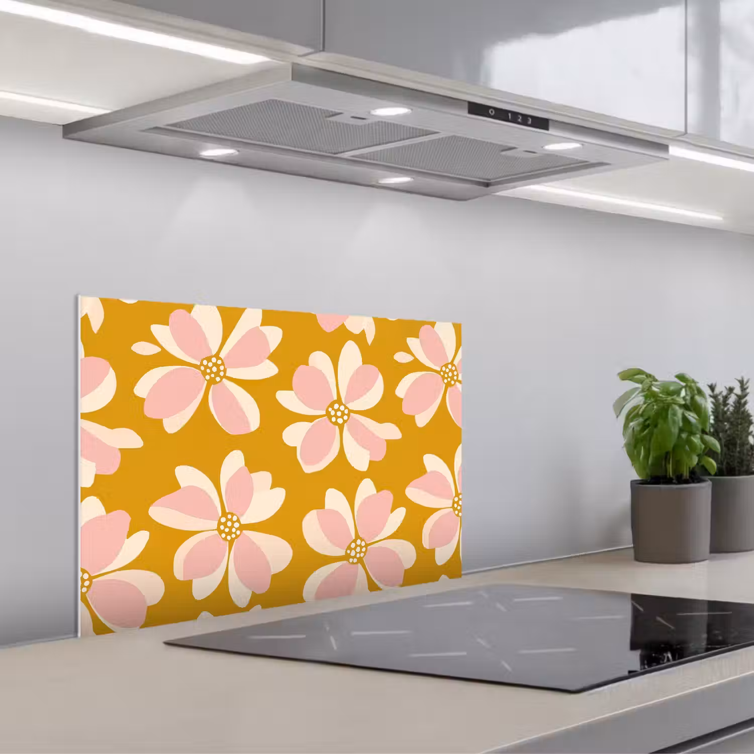 Vintage - Bloemen - Okergeel keuken achterwand spatscherm klein 900 -3d_schuin
