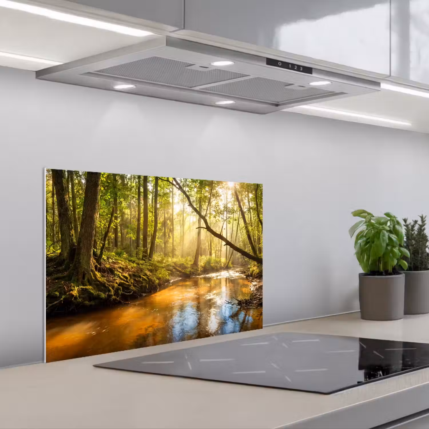 Bos - Beek - Zonlicht - Natuur - Groen keuken achterwand spatscherm klein -3d_schuin