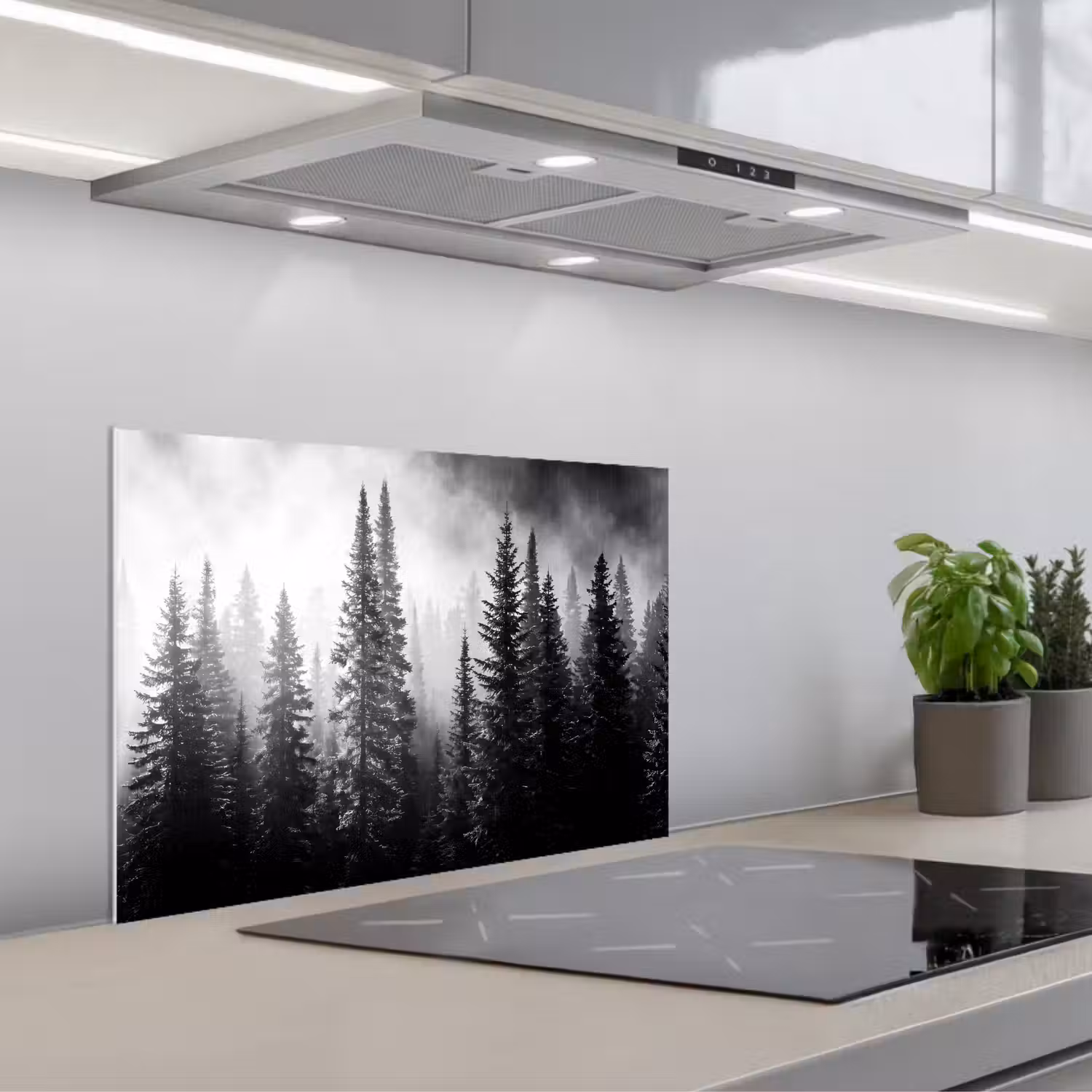 Bos - Mist - Winter - Monochroom - Natuur keuken achterwand spatscherm klein -3d_schuin