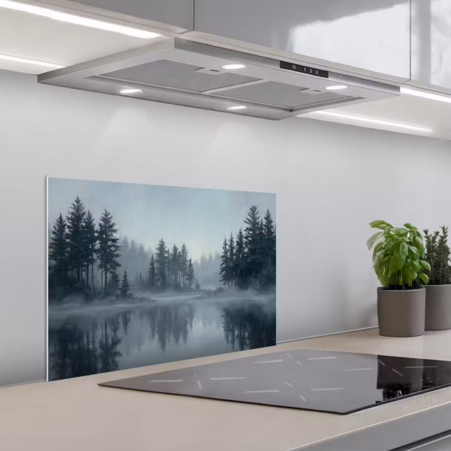Bos - Meer - Mist - Natuur - Grijs keuken achterwand spatscherm klein -3d_schuin