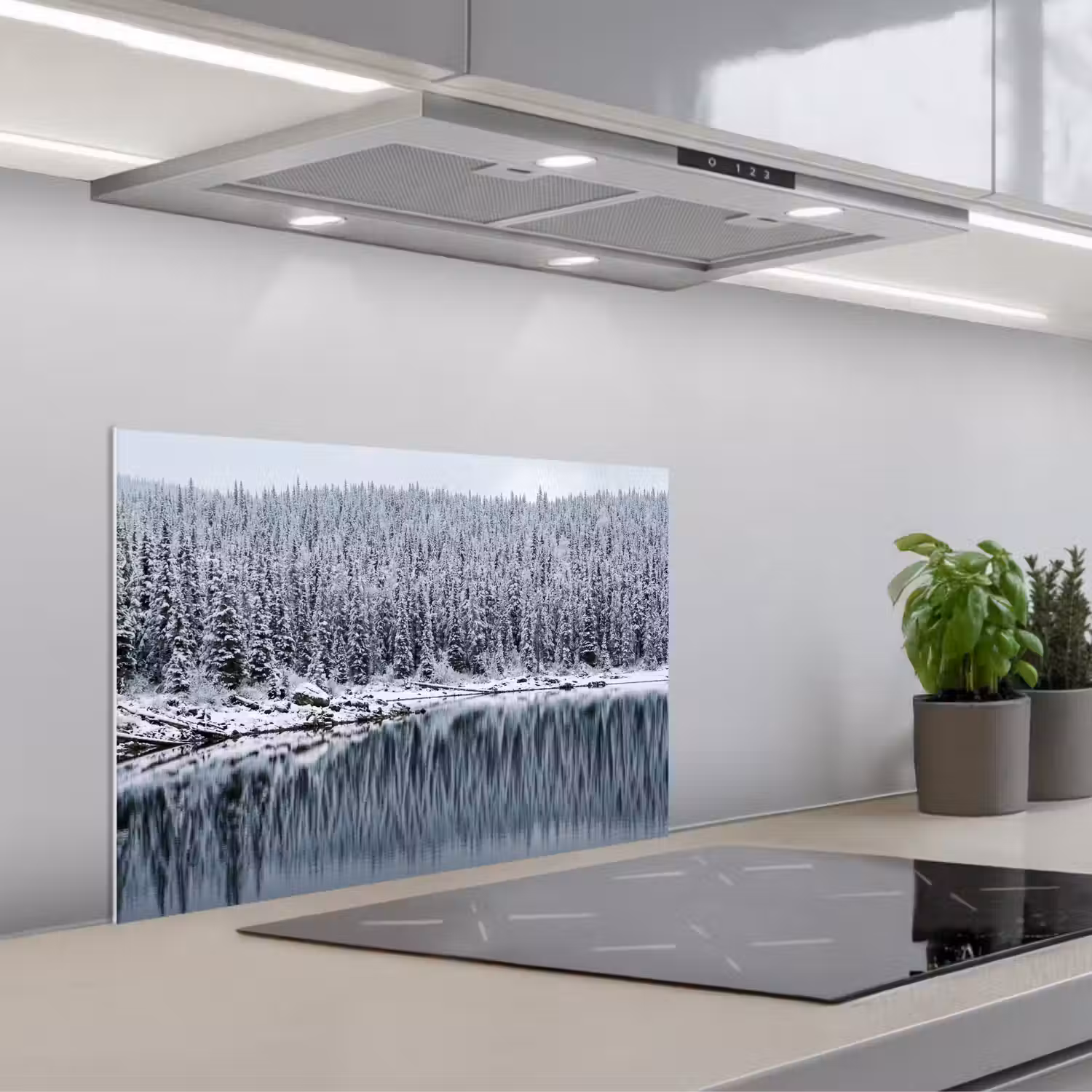 Bos - Reflectie - Meer - Winter - Serene keuken achterwand spatscherm klein -3d_schuin