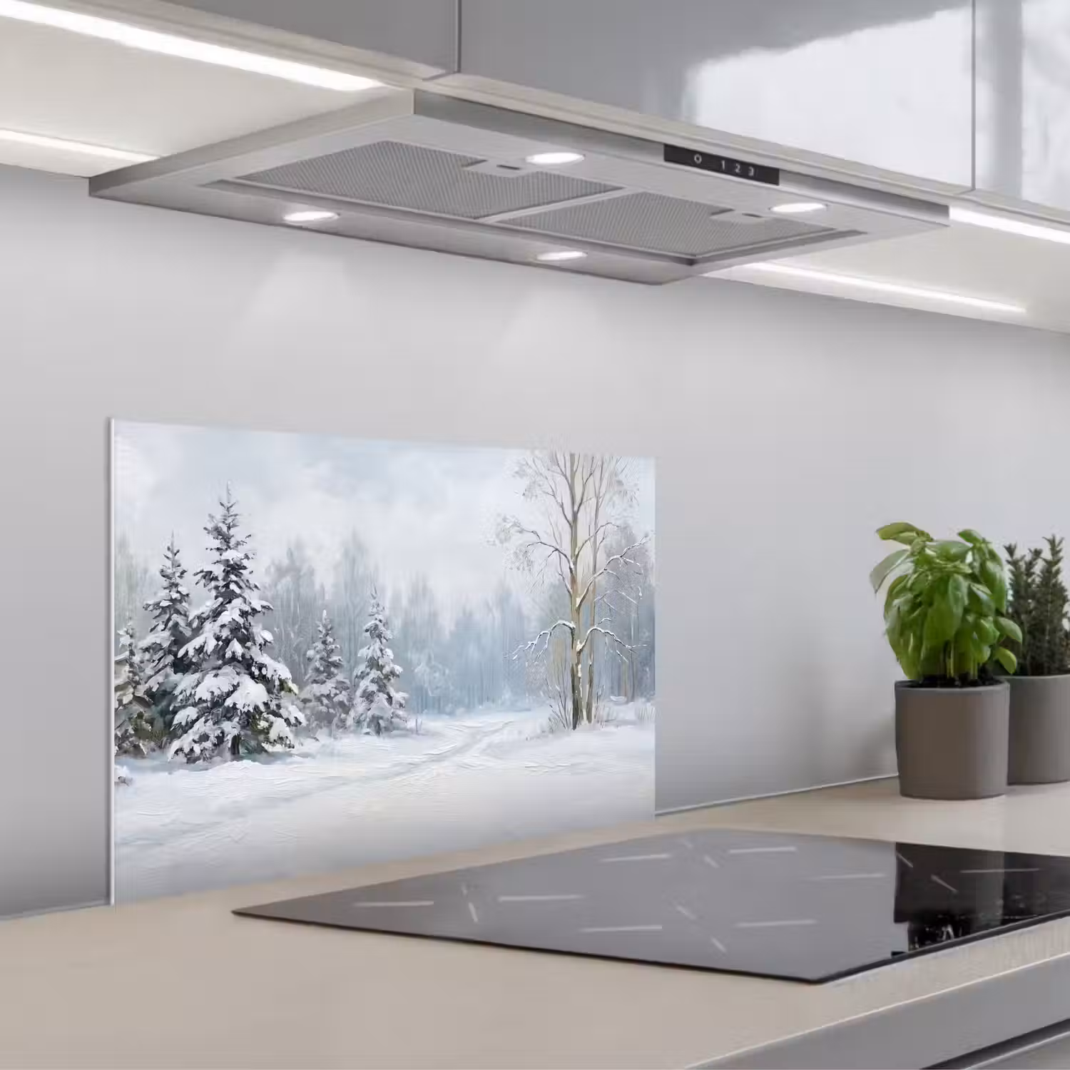 Bospad - Dennen - Sneeuw - Winter - Rustgevend keuken achterwand spatscherm klein -3d_schuin