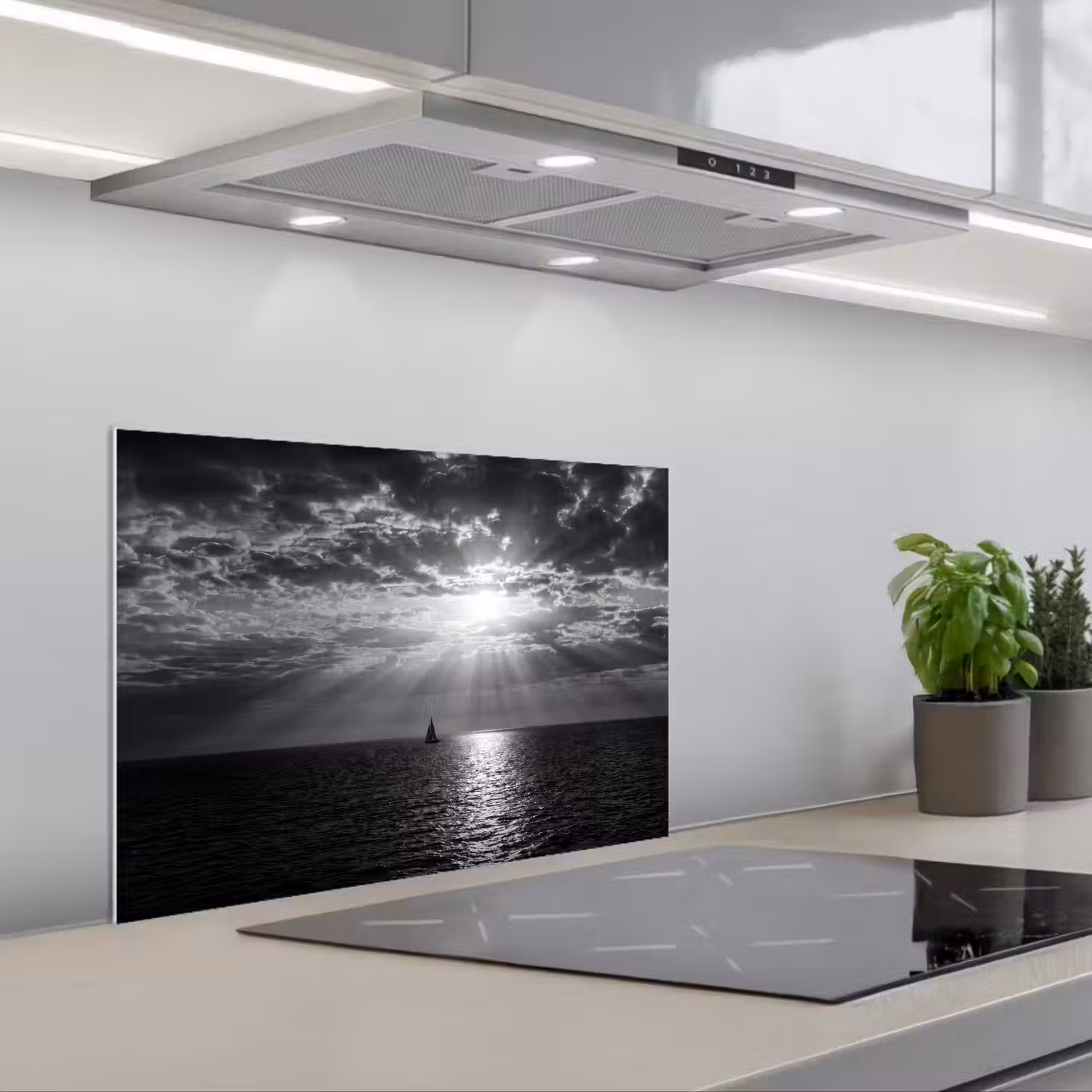 Water - Boot - Lucht - Natuur - Zwart-wit keuken achterwand spatscherm klein -3d_schuin