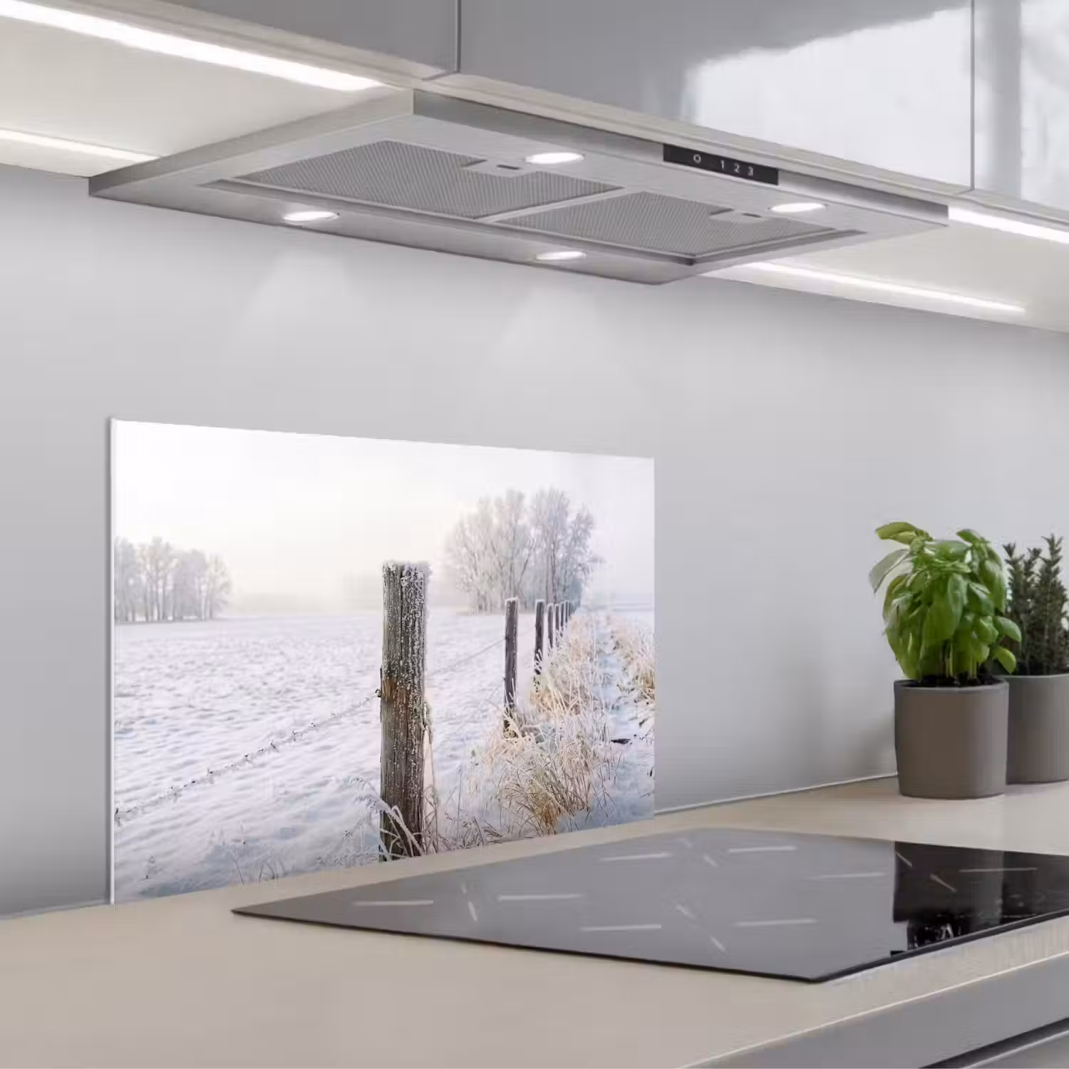 Hek - Sneeuw - Mist - Platteland - Nostalgisch keuken achterwand spatscherm klein -3d_schuin