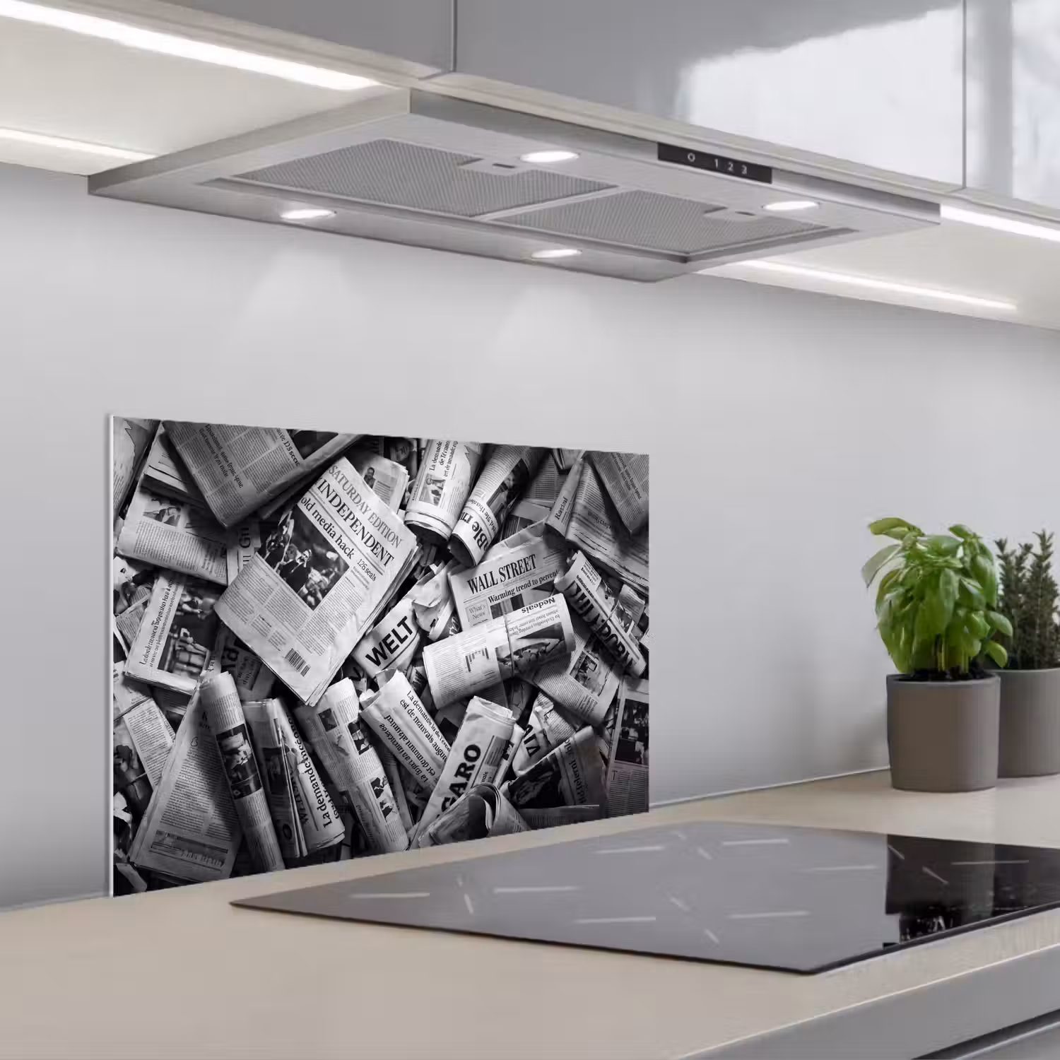 Krant - Stapel - Nieuws - Zwart-wit keuken achterwand spatscherm klein -3d_schuin