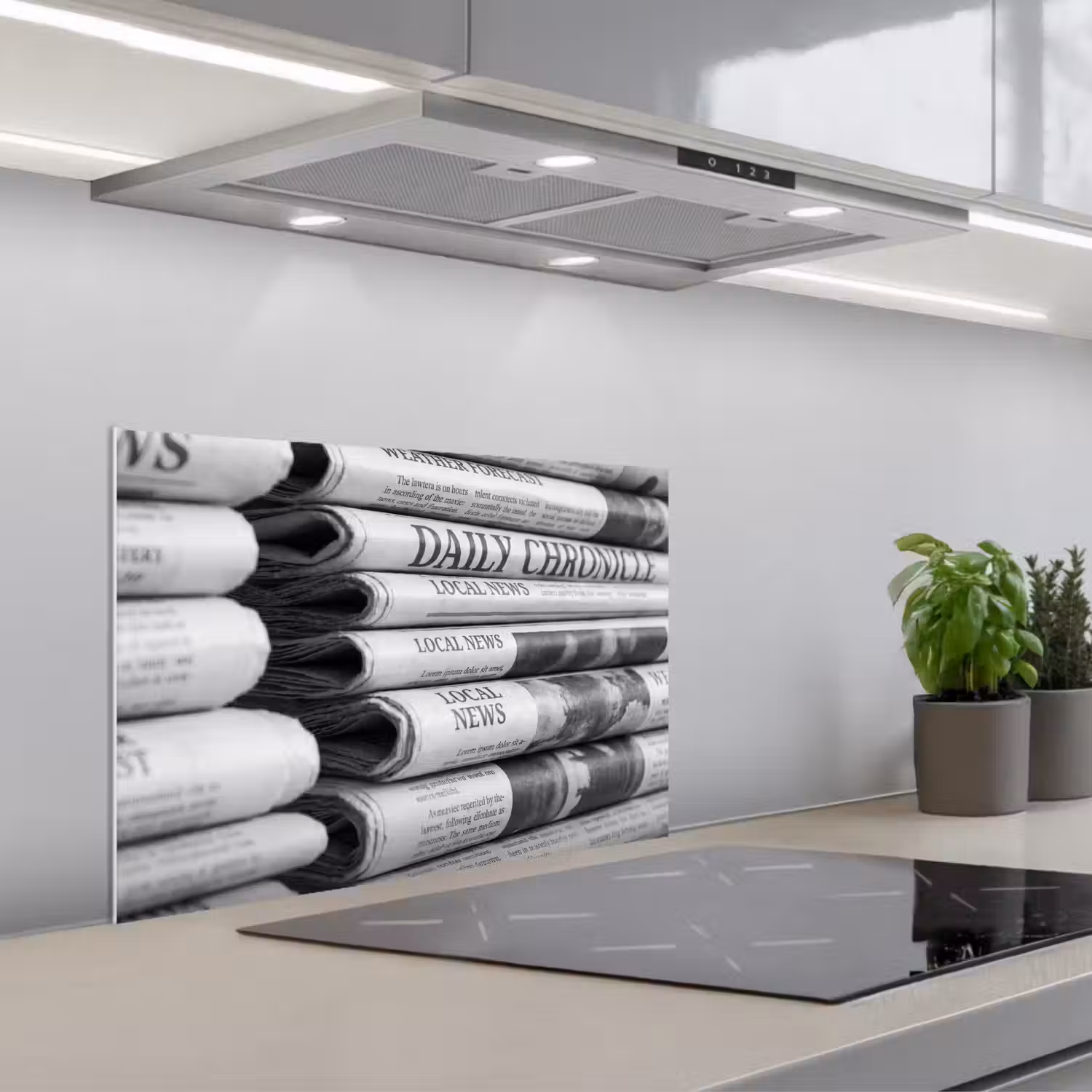 Krant - Stapel - Nieuws - Zwart-wit - Media keuken achterwand spatscherm klein -3d_schuin