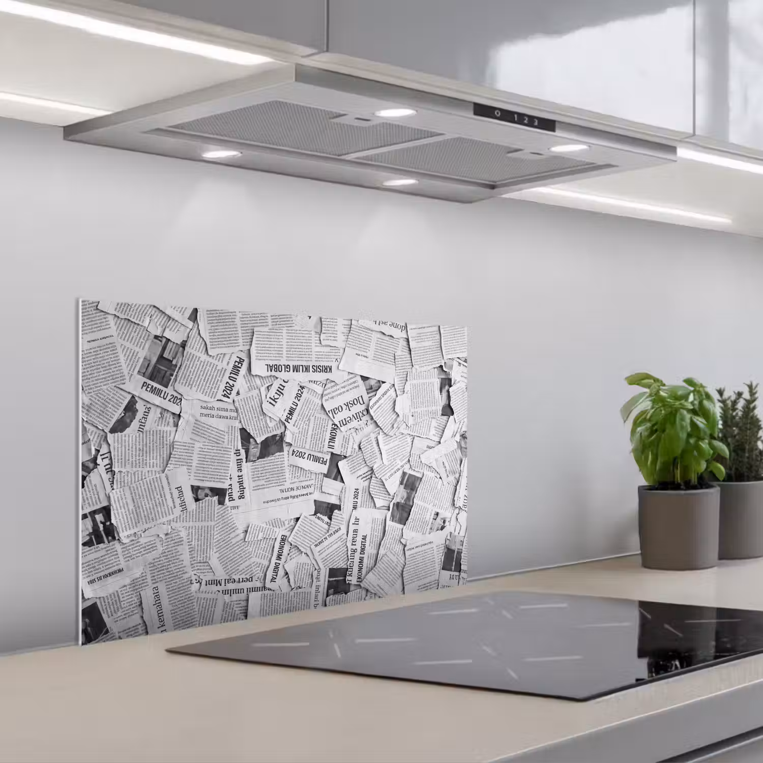 Krant - Versnipperd - Textuur - Zwart-wit - Abstract keuken achterwand spatscherm klein -3d_schuin